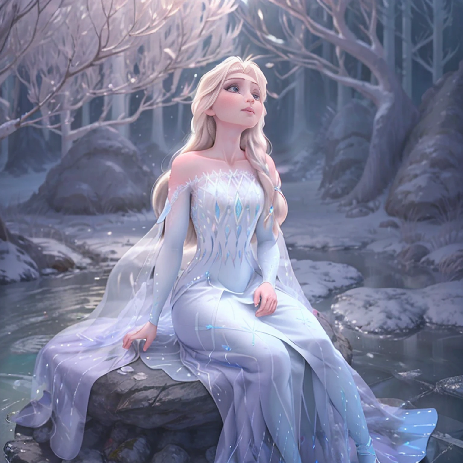 Full-body pose of Elsa from Frozen, sitting like a lady under a tree on ice and looking up at the sky;, muitos detalhes, Beautiful, Elsa, Frozen, alta qualidade