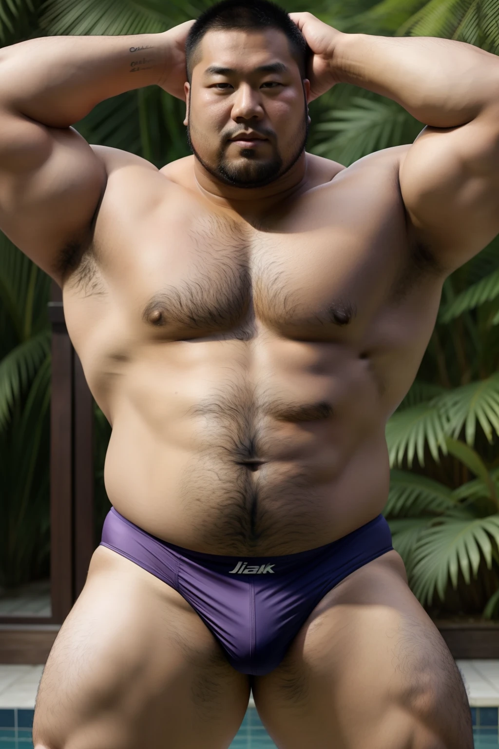 Asian people,Pink swim briefs,Lidhead of the pot,Thick body hair,Male muscular body,Clumsy medium shot,Frontal light,Muscular upper body,Fat belly,Strong and stout body,belly button showing,half man half asian black bear