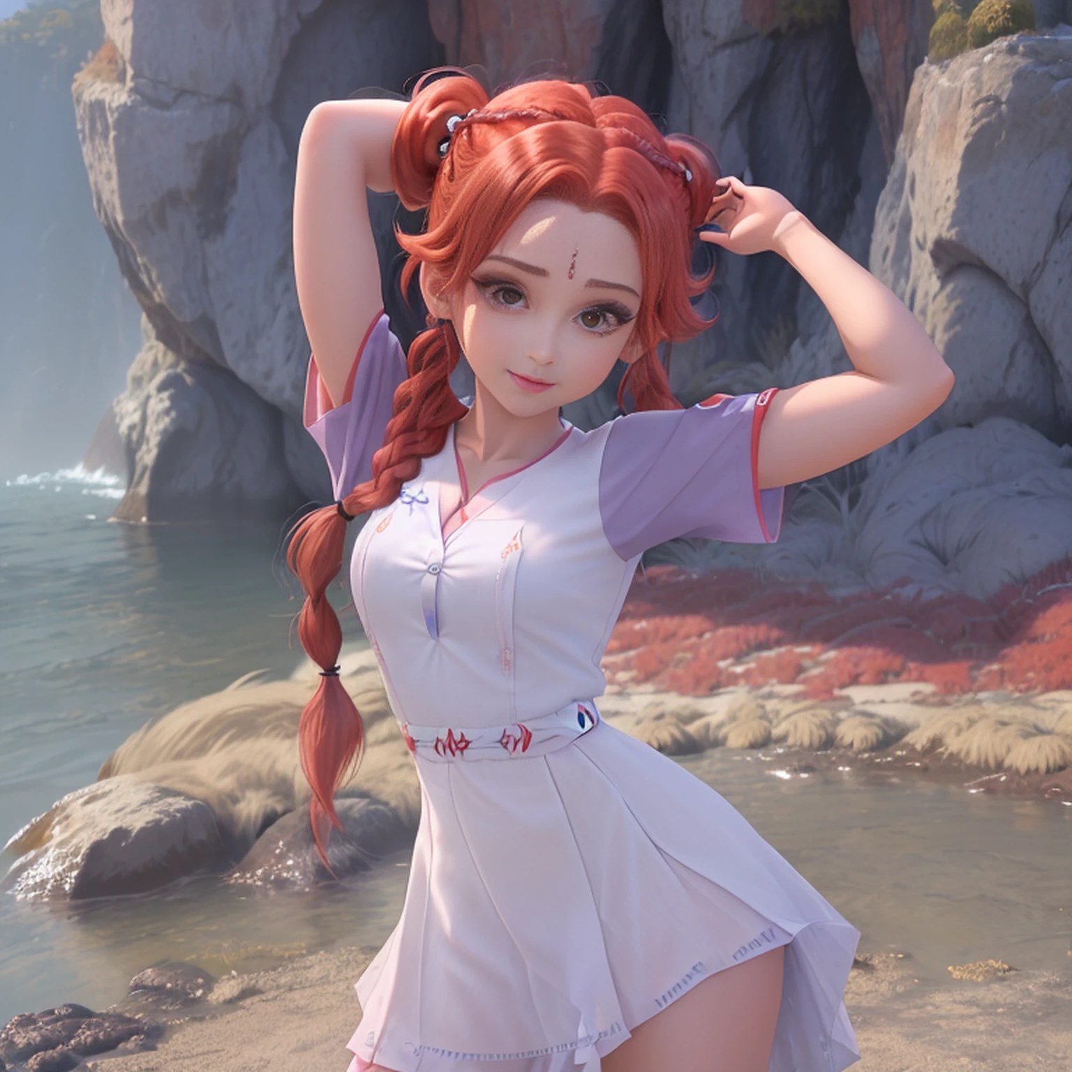 (Canyon Abyss)
1girl bangs White Lace shoulders linen heavy cotton embroidery silk cleavage cutout blurred eyes crescent crescent facial mark double bun light pink Lace dress facial mark facing viewer forehead mark White Lace ﻿ flowing long hair mini breasts parted bangs partially submerged pink hair red hair solo very long hair wading water