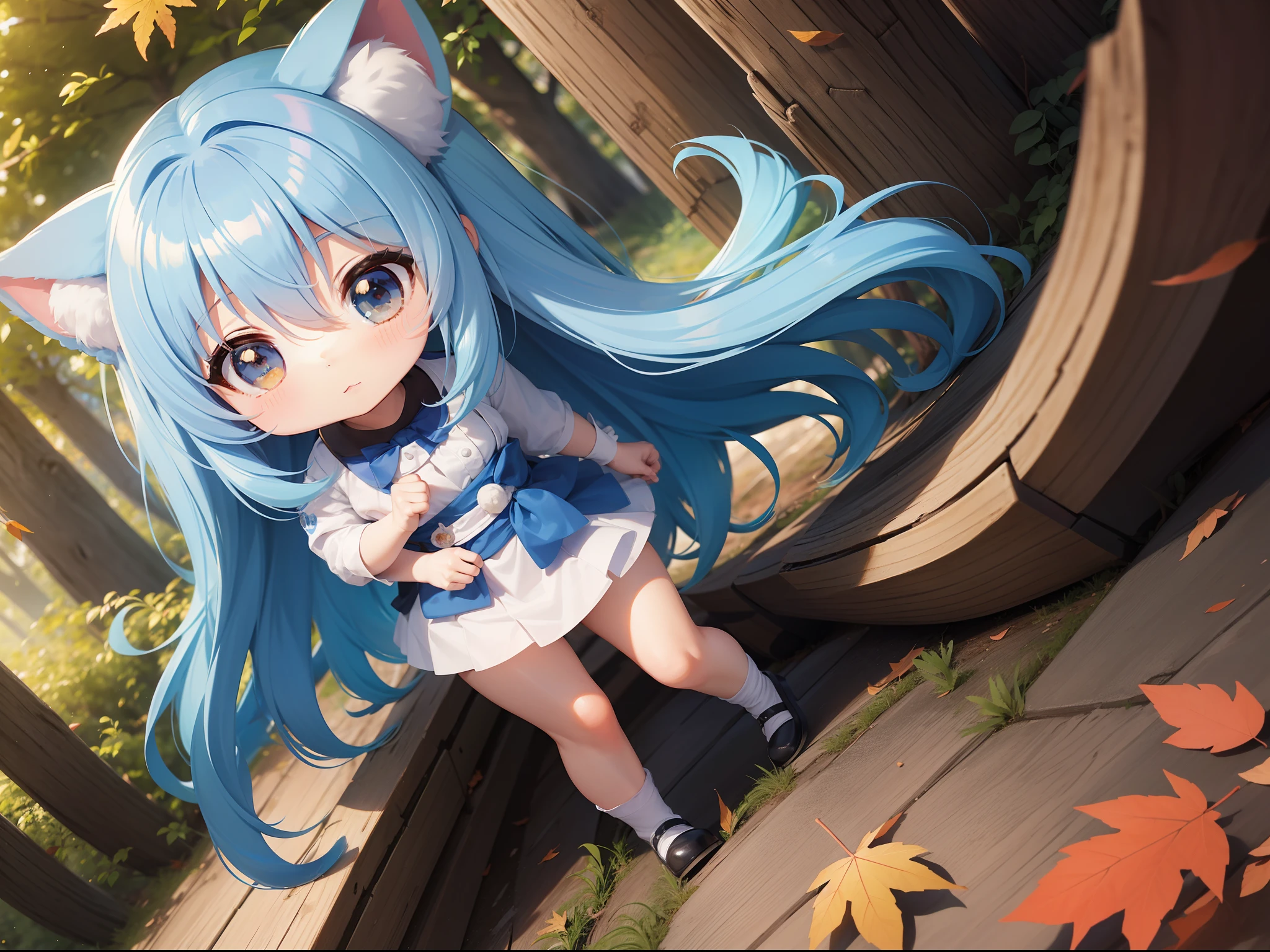 Chibichara long hair with blue hair((Chibi Chara))、Fluffy、girl with、Chibi Chara、full body Esbian、Pastel colors hair、masutepiece、top-quality、In the forest of autumn leaves、Cute bears are also with us。