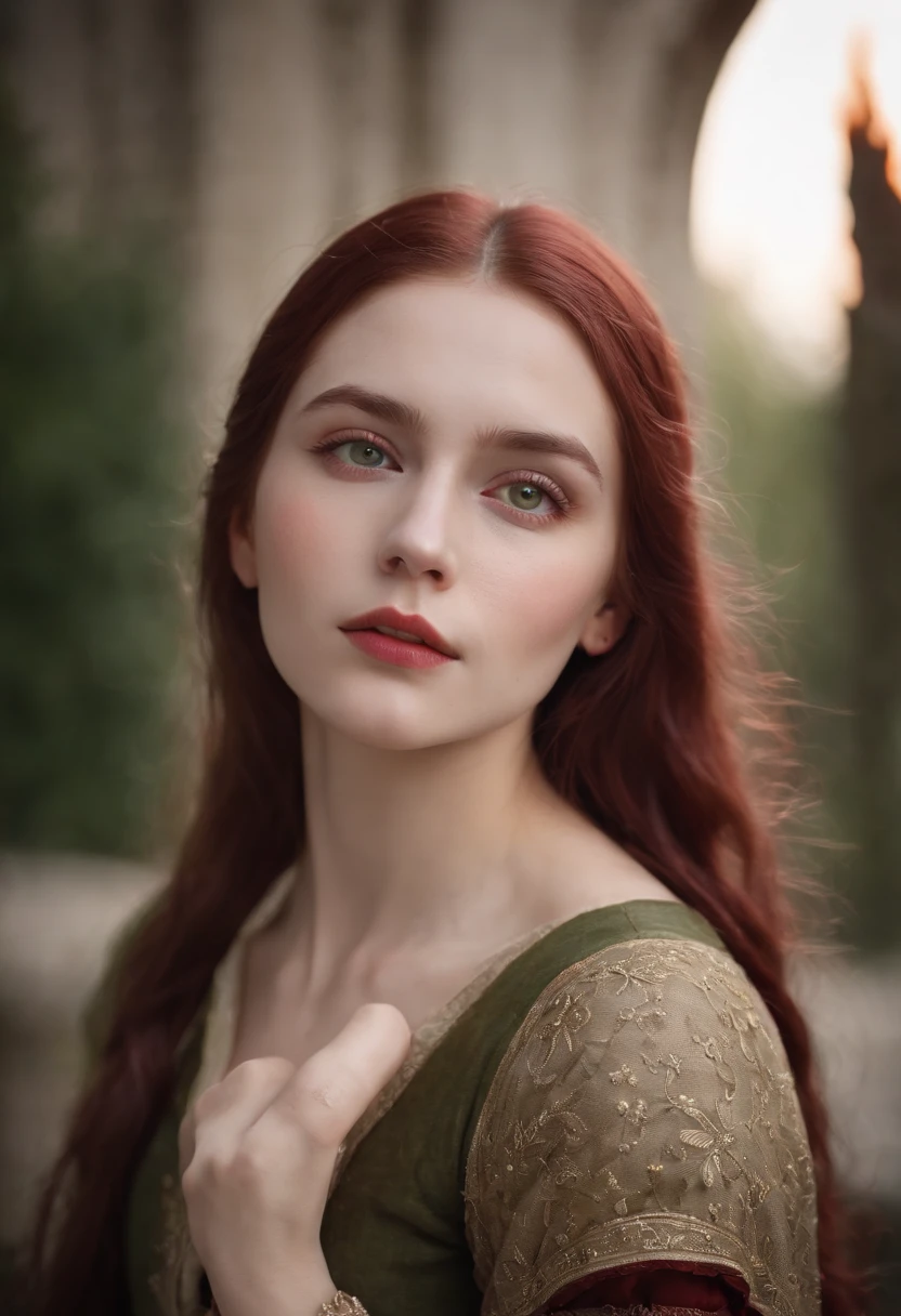 (((a deep reddish wound crosses her left cheek))) fair complexion, woman around 19 years old, natural white hair, distinctive green eyes, wearing kohl, slender and graceful, beautiful, candlelight in a medieval setting, ultra sharp focus, realistic shot, medieval female clothes, tetradic colors (scar:1.4)