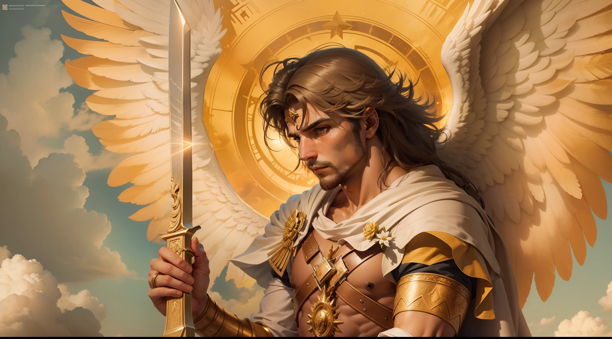 Closeup of an image a man angel with a large and long sword with attack position in right hand, in the other left hand holding a scale, Angel dressed as a Roman soldier looking at the ground, arcanjo homem com asas grandes, o anjo da fortuna, perfeito, Reslistic, Biblical setting, celestial scenery, sol e nuvens ultras realistas, flores e velas, illuminated archangel of heaven, flores coloridas, velas acesas, roupas brancas e vermelhas