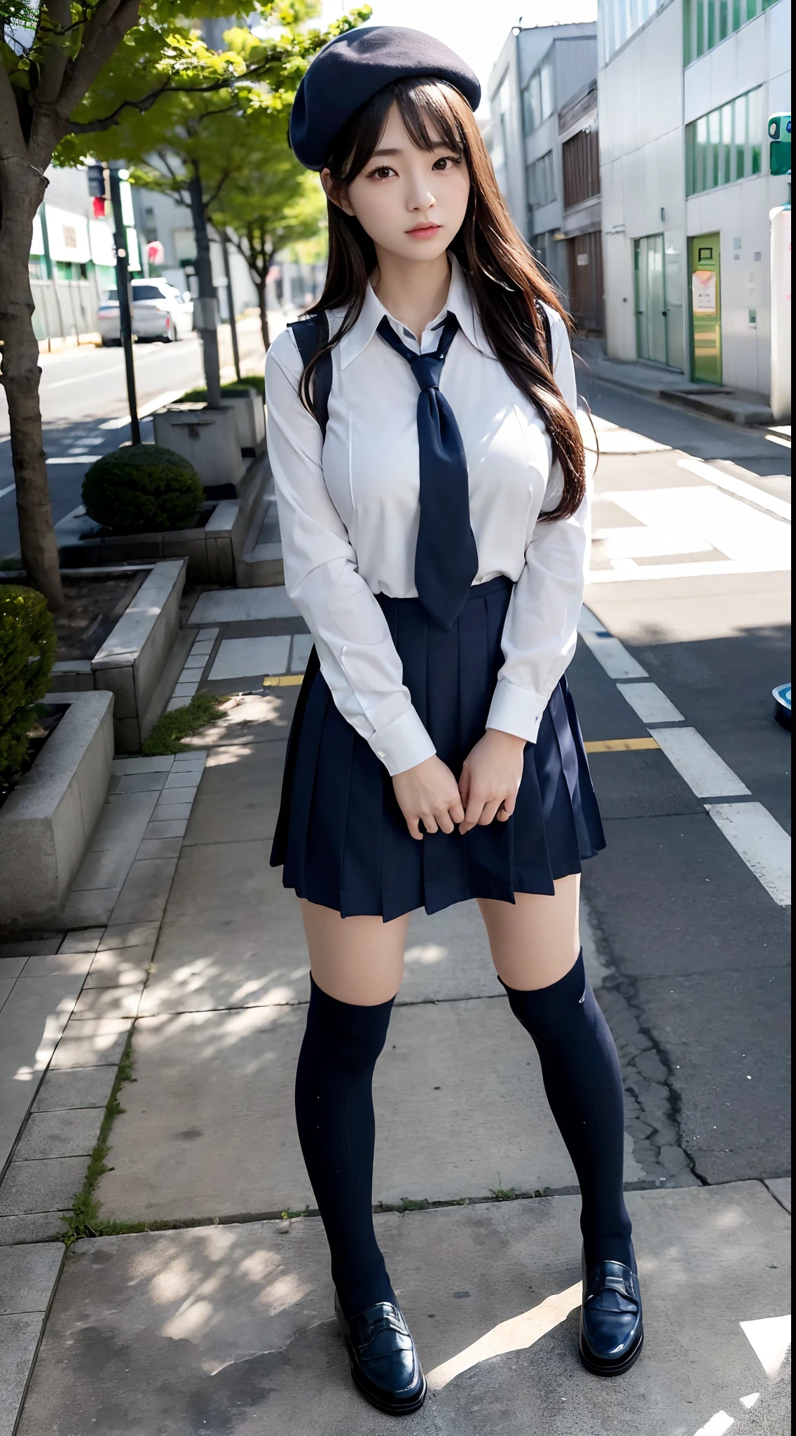 mix4, (16 K, Raw photography, Top image quality, ​masterpiece: 1.45), (realisitic, Photorealsitic: 1.37), one girls, 7.5 head body、Standing Pose, cute little, A city scape,, profetional lighting, photon maping, School building with street trees, physically-based renderingt, Gradient dark brown hair,, a handsome, Well-groomed and beautiful eyes、二重まぶた、girl with, (((student clothes、Long sleeve shirt worn by Japan high school girl、Navy blue vest、Ribbon-shaped tie、Dark blue over-the-knee skirt, Navy Blue Beret、Dark blue knee-high socks、Black loafers))), Top Quality Photos, hight resolution, 1080p, (clearface), (Detailed face description), (Detailed hand description), (​masterpiece), (Exquisite CG)、extreme light and shadows、dishevled hair、master work、abundant detail、(Fine facial features)、(top quality photo)、(masuter piece)、(A detailed eye)、Look in front of you、Fine clavicle、((Slender big))、(((Japan schoolgirl wears a long-sleeved shirt)))、((Sexy Idol System))、((Sidewalk with street trees))、(Shooting from random perspectives)、(((Anyway cute)))、耳Nipple Ring、(A big smile:0.6)、Drawing the whole body from the knees、Do not draw nasolabial folds、(((High school girl with neat Japan)))、(Big breasts that hang down big:1.1)、Big buttocks with tension、Two arms and two legs、(((from the front side:0.2)))、bare hand、