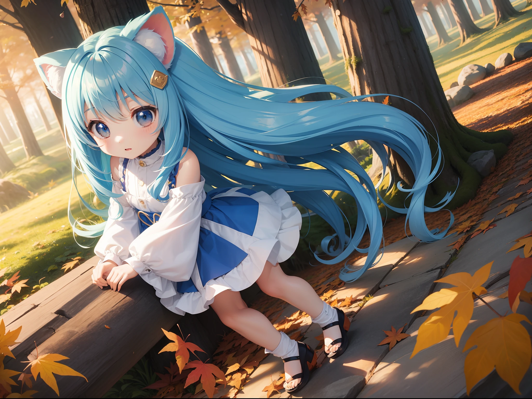 Chibichara　long hair with blue hair((Chibi Chara))、Fluffy、girl with、Chibi Chara、full body Esbian、Pastel colors hair、masutepiece、top-quality、In the forest of autumn leaves、Cute bears are also with us。