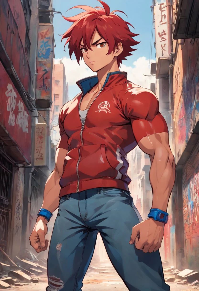 Red hair,teen man,red jacket,Bodybuilding,body in front view,oiled and defined muscles,shredded physique,strong and powerful stance,confident expression,severe lighting,sharp shadows,contrast,high-contrast black and white photography,intense and vibrant red color scheme,bulging veins,extreme detailing in facial features,beard and stubble,hair blowing in the wind,determined gaze,sweat glistening on the skin,ripped jeans,muscular arms and chest,forearms veiny and sculpted,dirt and dust on the body,urban background with graffiti,gritty and edgy atmosphere,determination and resilience,athleticism and strength,imposing presence.