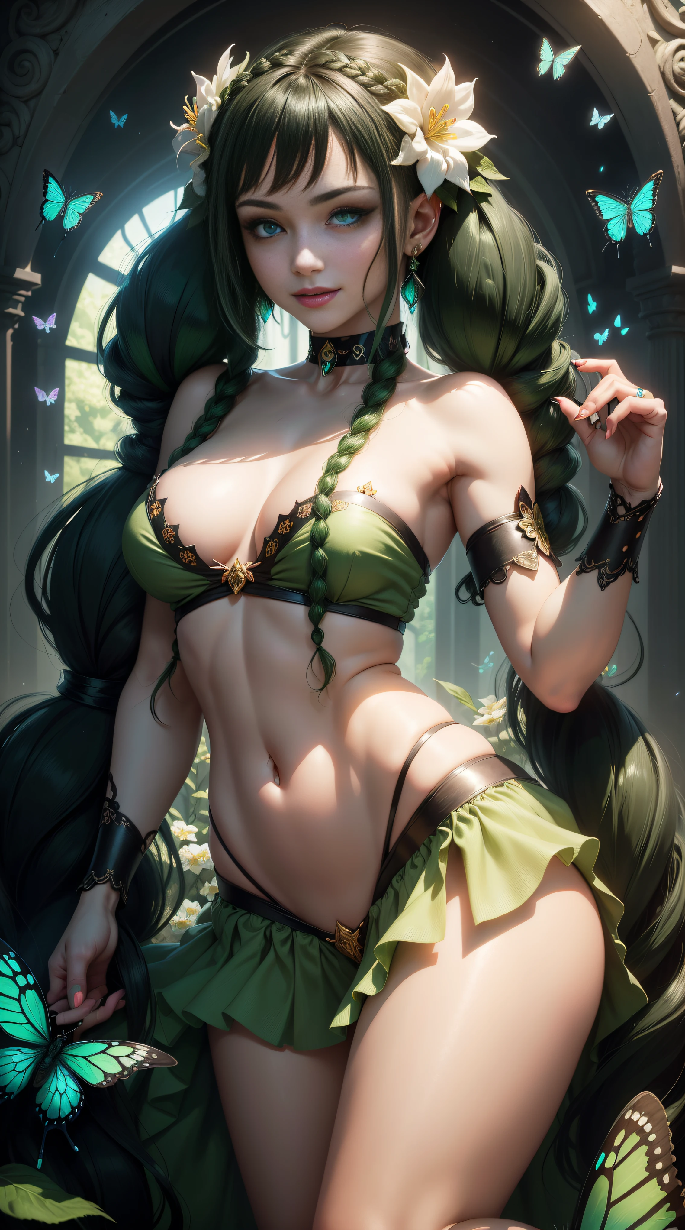 BLACKLIGHT, ((NSFW)), realistic art, extremely delicate and beautiful, ultra-detailed, (1girl), blue eyes, floating, detailed light, illustration, dynamic angle, depth of field, ((((milf)))), girly, long hair, ((green and black hair, multicoloured hair, green highlights hair, twin tails, hair ornament, hair flower, flower, makeup, braid, smile)), vampire eyes, showing fangs, pale white skin, (((A beautiful girl in a fairy costume, surrounded by flowers and butterflies, long hair, navel, choker, smile, jewelry, earrings))), (ultra high res, best quality,), (8k, raw photo, best quality, masterpiece), technological sense, best quality, masterpiece, illustration,CG ,unity ,wallpaper, official art, Amazing, finely detail, an extremely delicate and beautiful,extremely detailed, highly detailed, sharp focus,rich background, (real person,photograph), ((high detailed skin)),