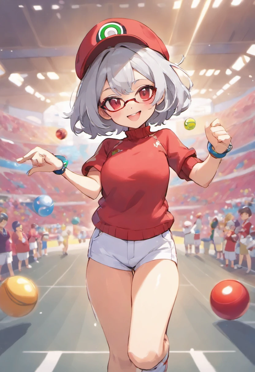 Red Baseball Cap.White shorts with right hand sticking forward,Turtleneck knitwear,Red glasses,Hi-Res, 1womanl,Pose with your right arm stretched forward, 独奏,Holding a Poké Ball in Your Hands, grey eyes, white hair, Red glasses,Red Baseball Cap, Red knitted turtleneck with long sleeves, White shorts, a belt, stadio, deph of field, The best smile, Stick out the arm holding the poké ball, put hands on the hip,