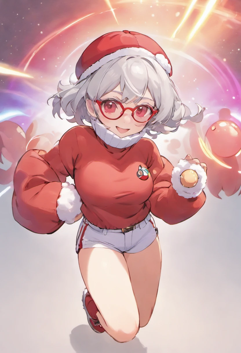 Red Baseball Cap.White shorts with right hand sticking forward,Turtleneck knitwear,Red glasses,Hi-Res, 1womanl,Pose with your right arm stretched forward, 独奏,Holding a Poké Ball in Your Hands, grey eyes, white hair, Red glasses,Red Baseball Cap, Red knitted turtleneck with long sleeves, White shorts, a belt, stadio, deph of field, The best smile, Stick out the arm holding the poké ball, put hands on the hip,