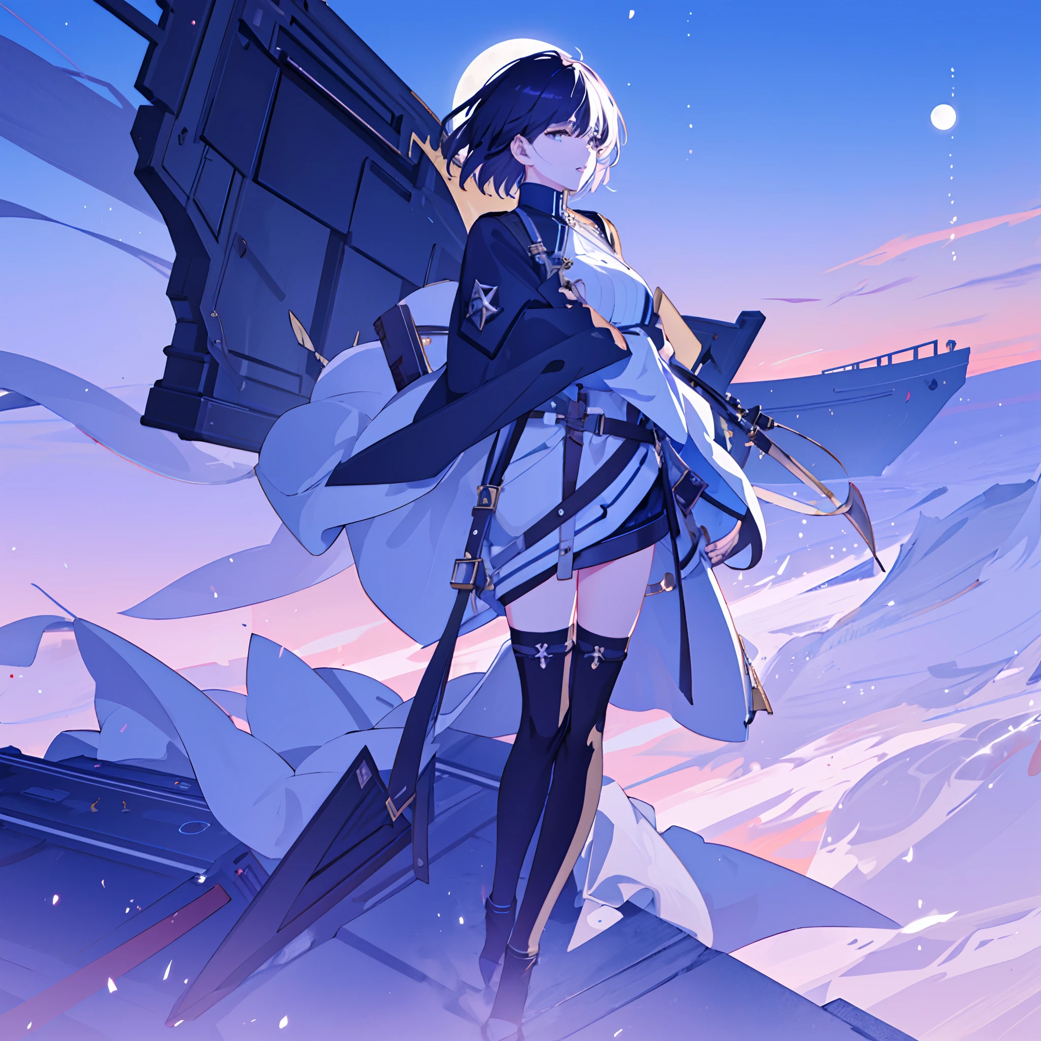 (main scene, realistic:1.37), woman, 18 years old, short hair, square haircut, mauve hair, white lock of hair, big full moon in background, from the front, front view, half body up to thigh level, detailed eyes, detailed lips
