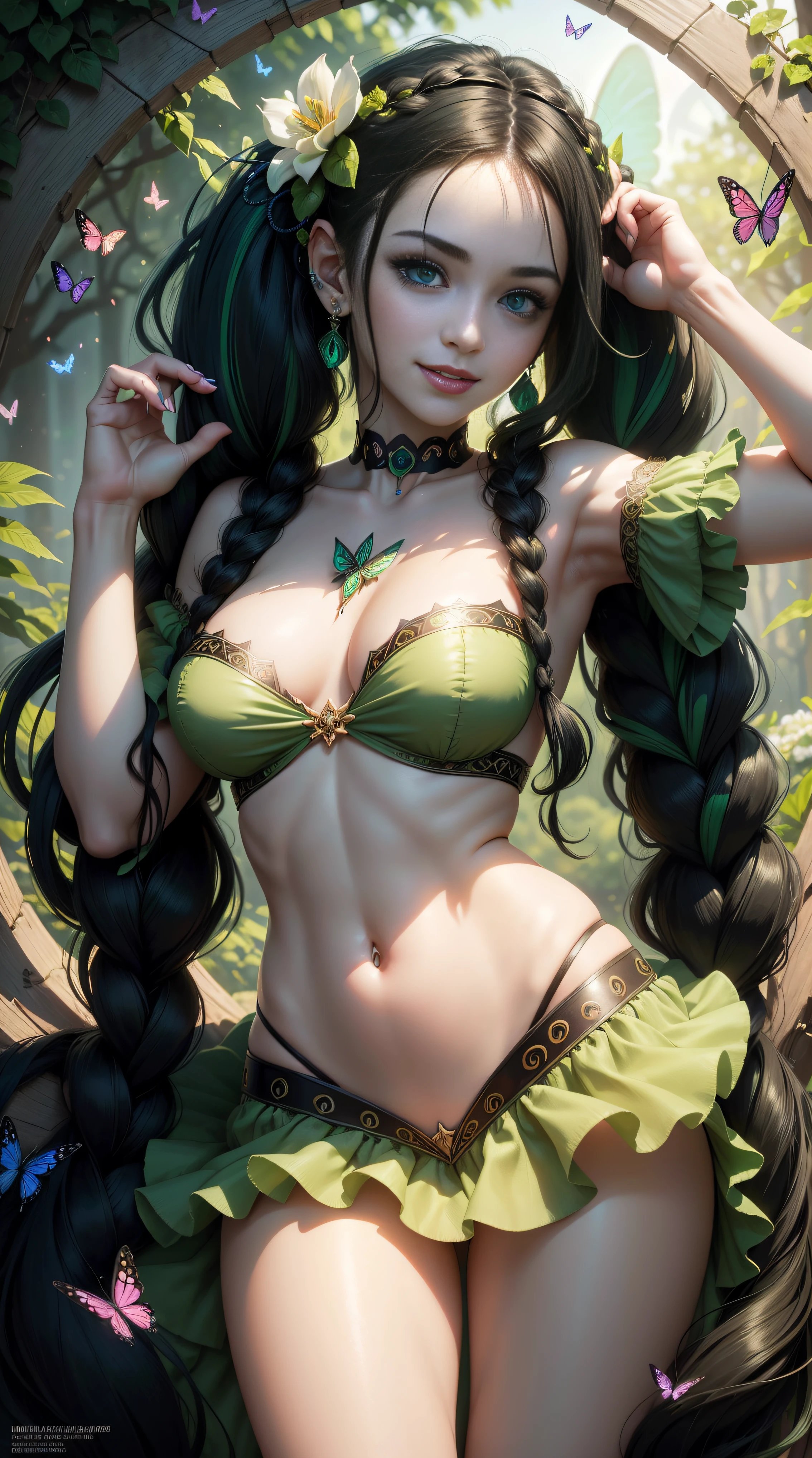 BLACKLIGHT, ((NSFW)), realistic art, extremely delicate and beautiful, ultra-detailed, (1girl), blue eyes, floating, detailed light, illustration, dynamic angle, depth of field, ((((milf)))), girly, long hair, ((green and black hair, multicoloured hair, green highlights hair, twin tails, hair ornament, hair flower, flower, makeup, braid, smile)), vampire eyes, showing fangs, pale white skin, (((A beautiful girl in a fairy costume, surrounded by flowers and butterflies, long hair, navel, choker, smile, jewelry, earrings))), (ultra high res, best quality,), (8k, raw photo, best quality, masterpiece), technological sense, best quality, masterpiece, illustration,CG ,unity ,wallpaper, official art, Amazing, finely detail, an extremely delicate and beautiful,extremely detailed, highly detailed, sharp focus,rich background, (real person,photograph), ((high detailed skin)),