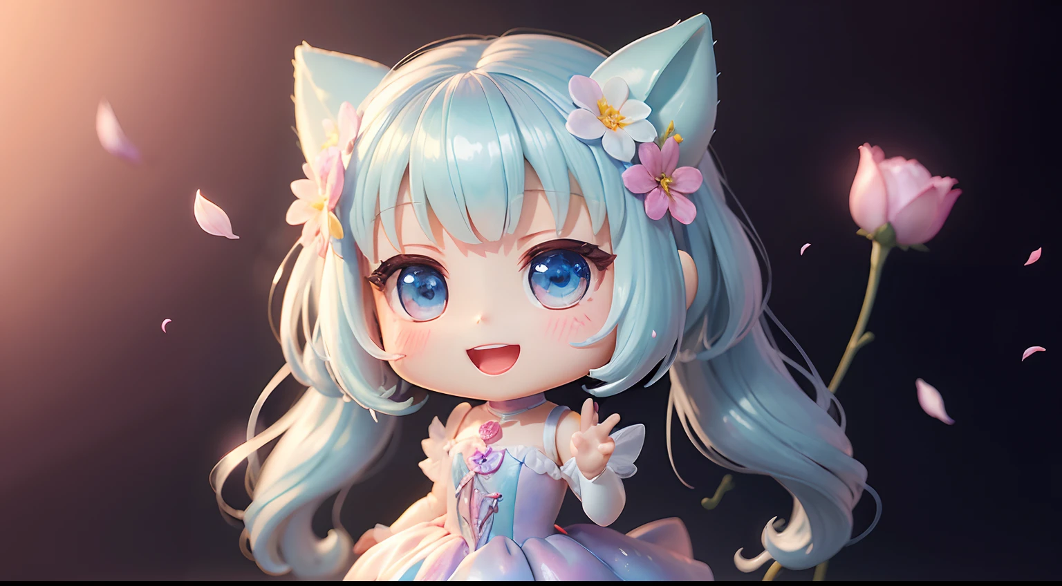 photoRealstic、1 Humanoid(nendroid)、Open mouth and big smile、watercolor Nendoroid、(High Definition Figure)、Flowing iridescent silk、Floral dress、Casually add a heart shape to a photo、There are also flowers in front of the nendroids、flower petals、Please make photos with the shape of the heart in mind