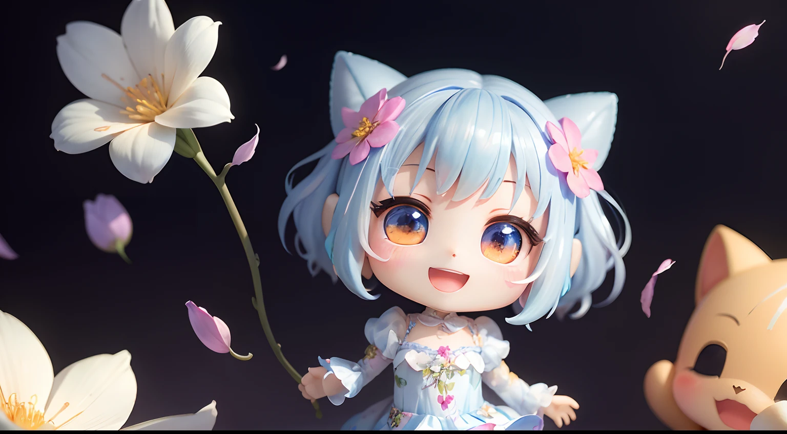 photoRealstic、1 Humanoid(nendroid)、Open mouth and big smile、watercolor Nendoroid、(High Definition Figure)、Flowing iridescent silk、Floral dress、Casually add a heart shape to a photo、There are also flowers in front of the nendroids、flower petals、Please take a photo with the heart shape in mind