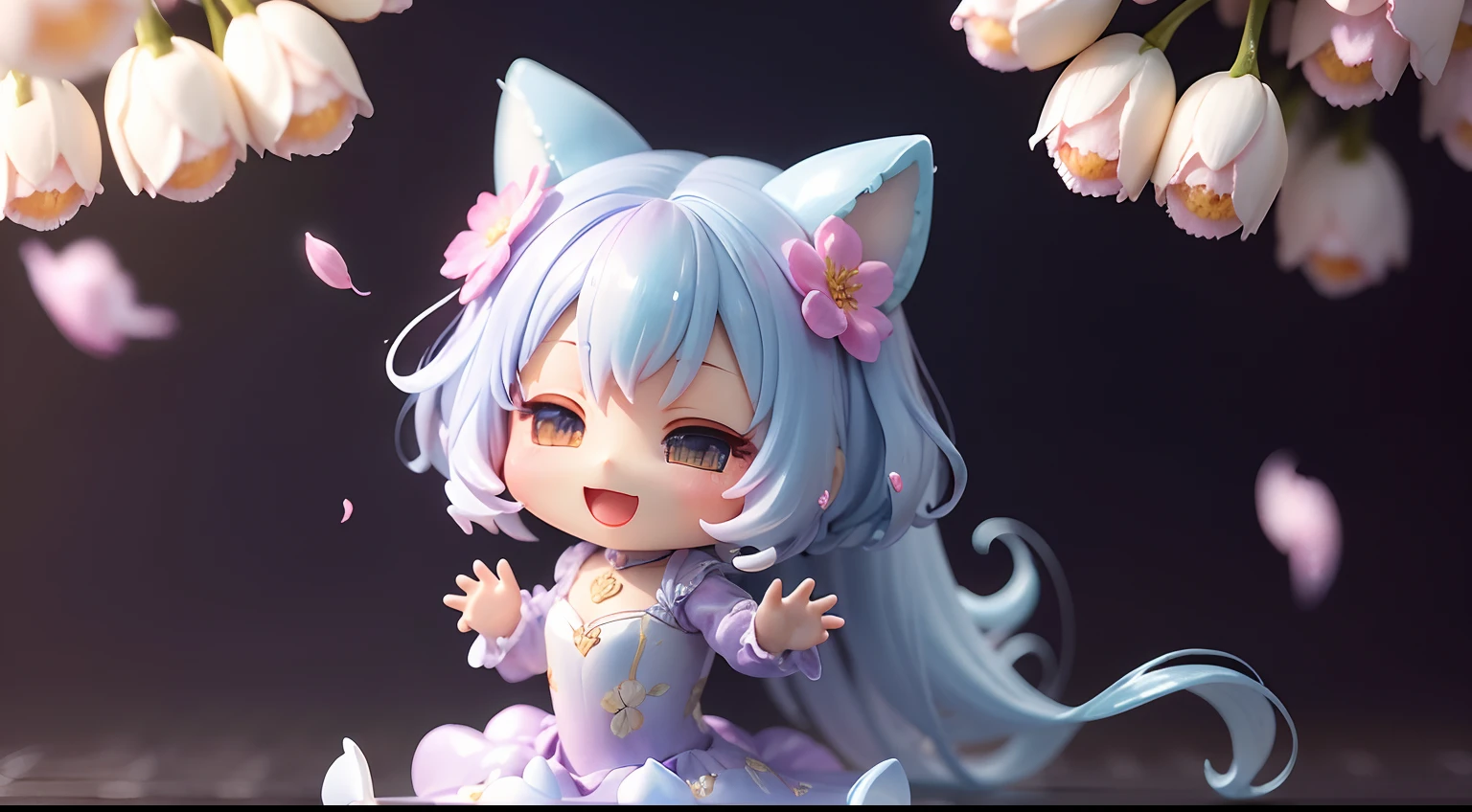 photoRealstic、1 Humanoid(nendroid)、Open mouth and big smile、watercolor Nendoroid、(High Definition Figure)、Flowing iridescent silk、Floral dress、Casually add a heart shape to a photo、There are also flowers in front of the nendroids、flower petals、Please take a photo with the heart shape in mind