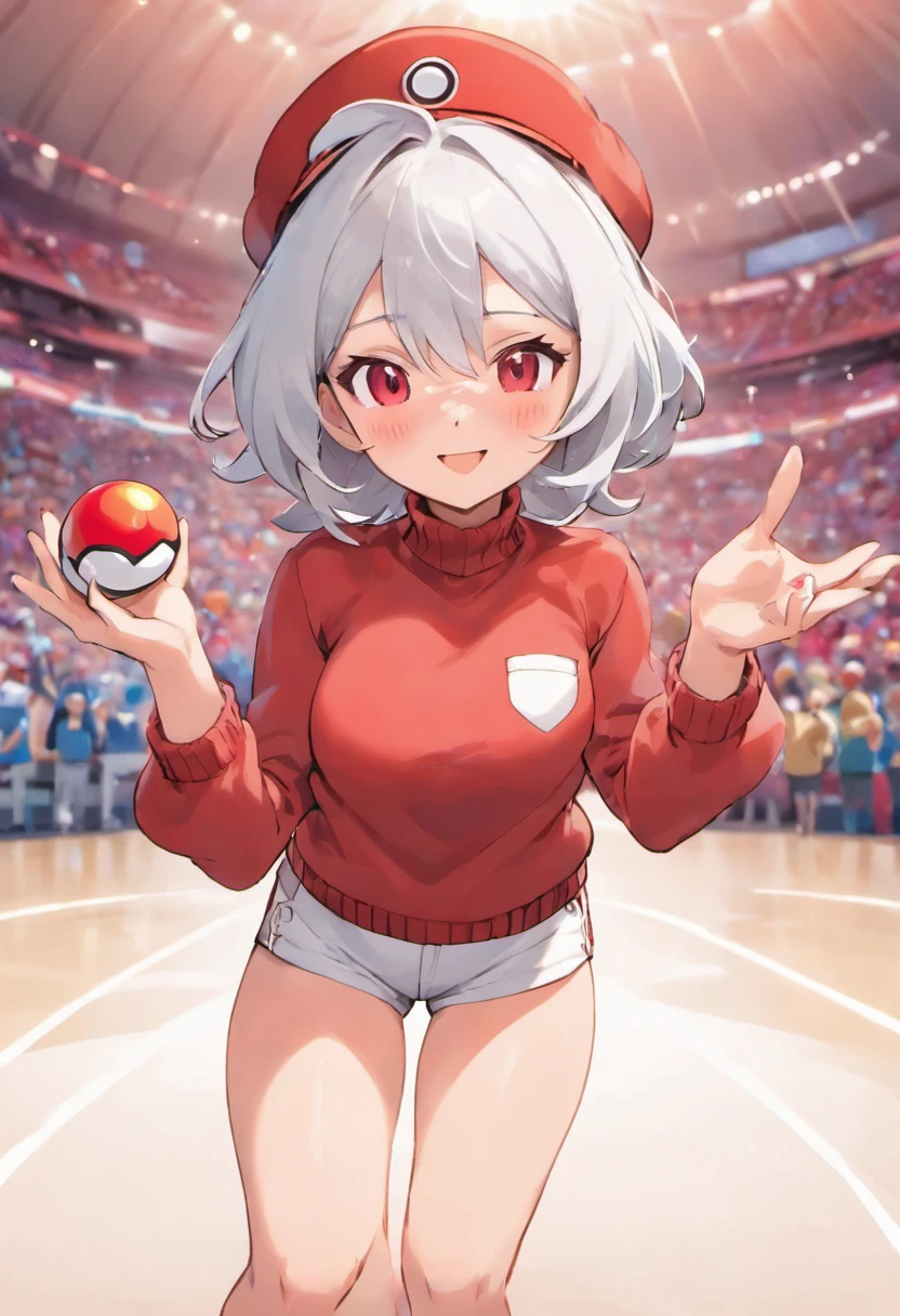 Red Baseball Cap.White shorts with right hand sticking forward,Turtleneck knitwear,Red glasses,Hi-Res, 1womanl,Pose with your right arm stretched forward, 独奏,Holding a Poké Ball in Your Hands, grey  eyes, white  hair, Red glasses,Red Baseball Cap, Red knitted turtleneck with long sleeves, White shorts, a belt, stadio, deph of field, The best smile, Stick out the arm holding the poké ball, put hands on the hip,