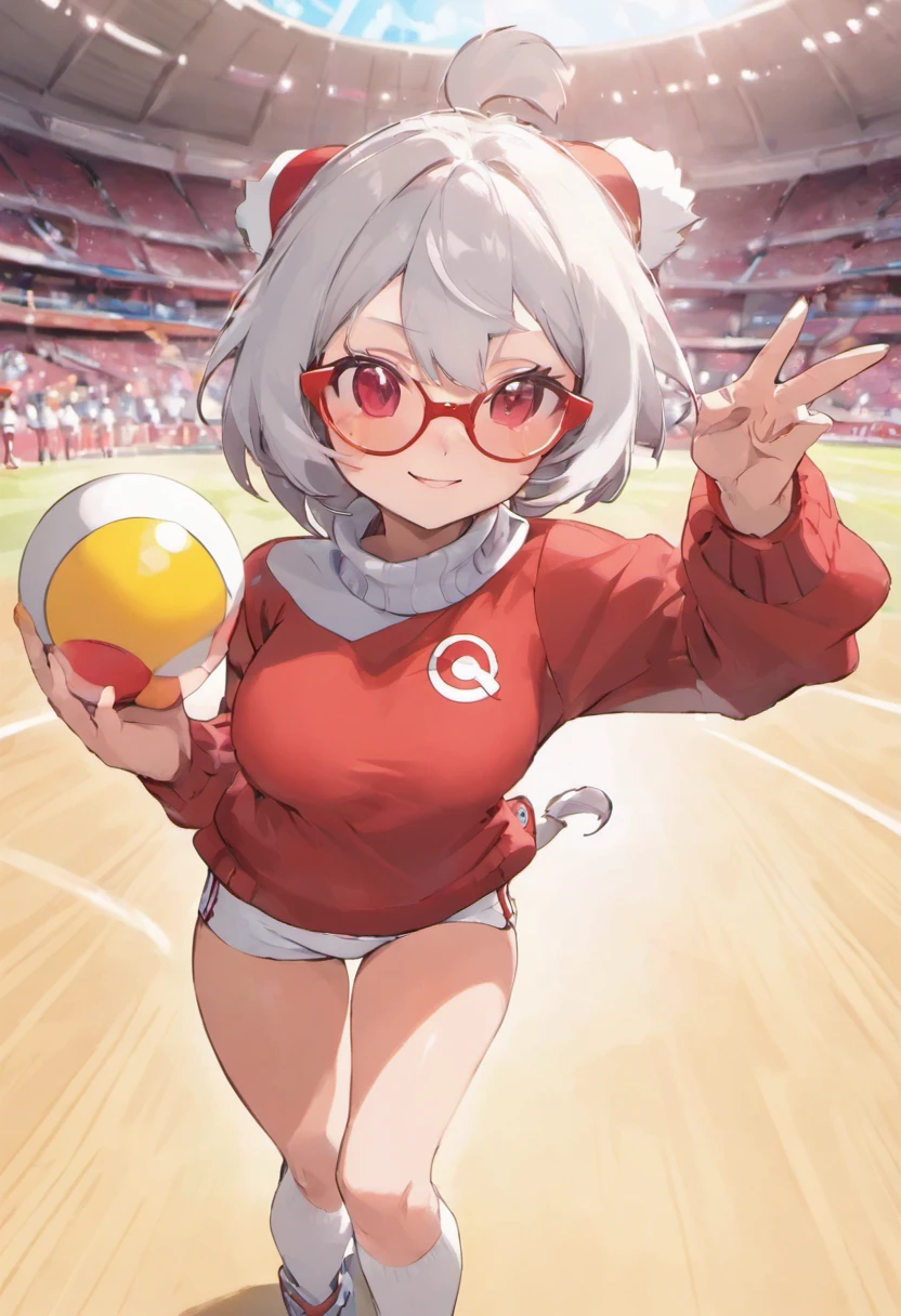Red Baseball Cap.White shorts with right hand sticking forward,Turtleneck knitwear,Red glasses,Hi-Res, 1womanl,Pose with your right arm stretched forward, 独奏,Holding a Poké Ball in Your Hands, grey eyes, white hair, Red glasses,Red Baseball Cap, Red knitted turtleneck with long sleeves, White shorts, a belt, stadio, deph of field, The best smile, Stick out the arm holding the poké ball, put hands on the hip,