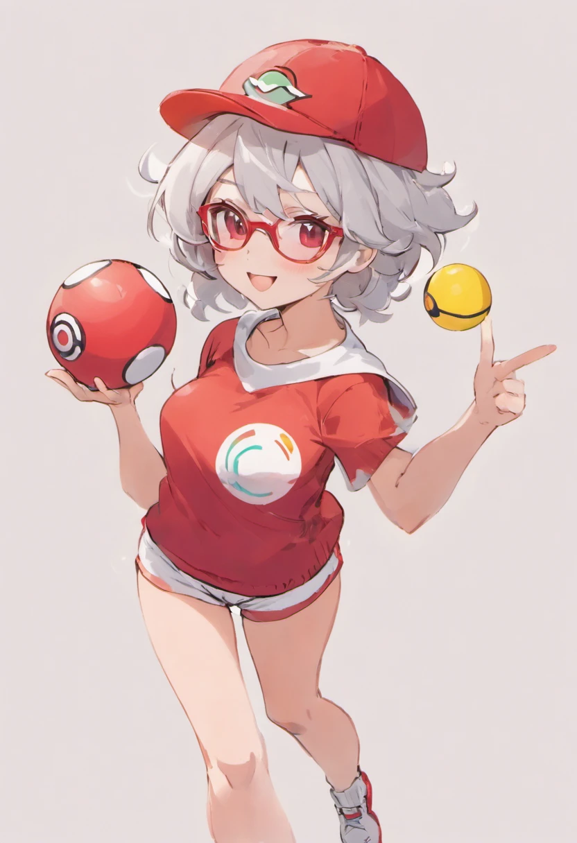 Red Baseball Cap.White shorts with right hand sticking forward,Turtleneck knitwear,Red glasses,Hi-Res, 1womanl,Pose with your right arm stretched forward, 独奏,Holding a Poké Ball in Your Hands, grey  eyes, white  hair, Red glasses,Red Baseball Cap, Red knitted turtleneck with long sleeves, White shorts, a belt, stadio, deph of field, The best smile, Stick out the arm holding the poké ball, put hands on the hip,