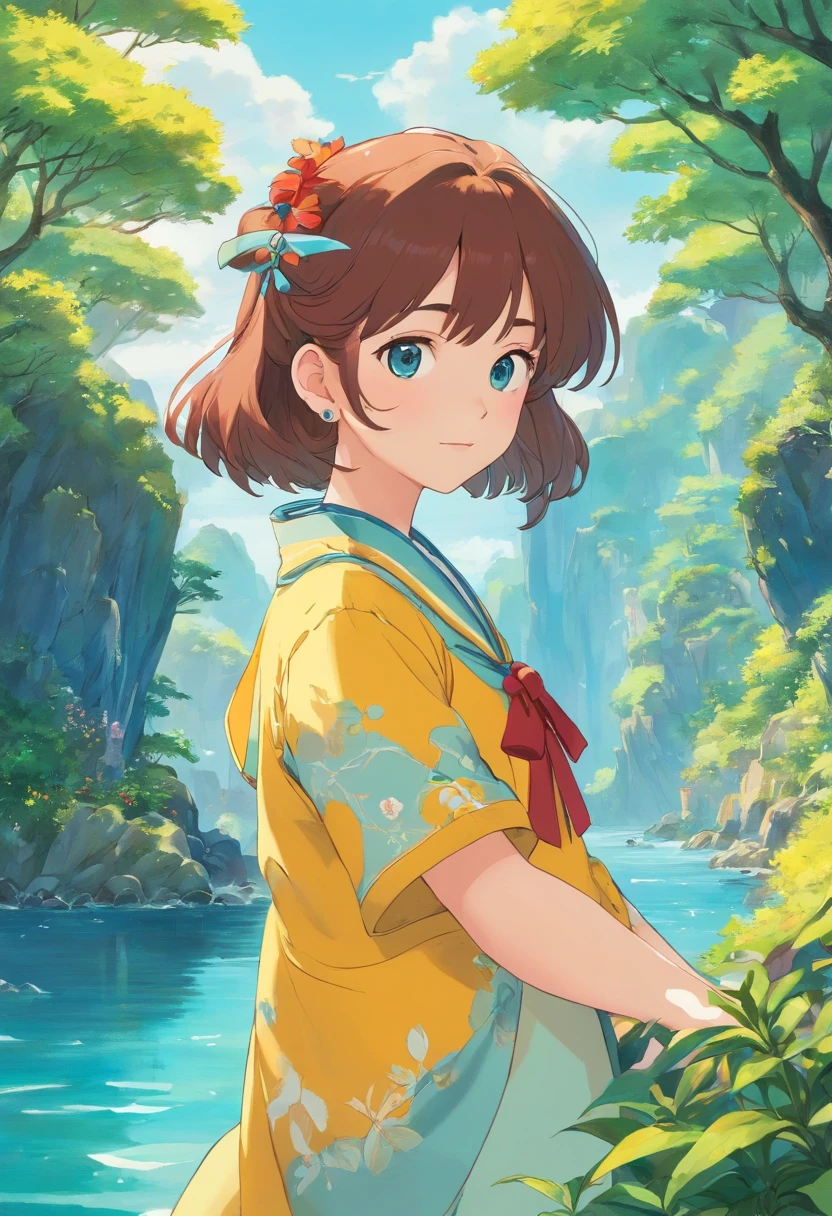 uma menina usando um colar de anime, um colar longo e brincos, no estilo de paisagens de jardim tranquilas, animated color photos, Masami Teraoka, aquamarine, Paulo Gauguin, Estilo Embry, retrato honesto