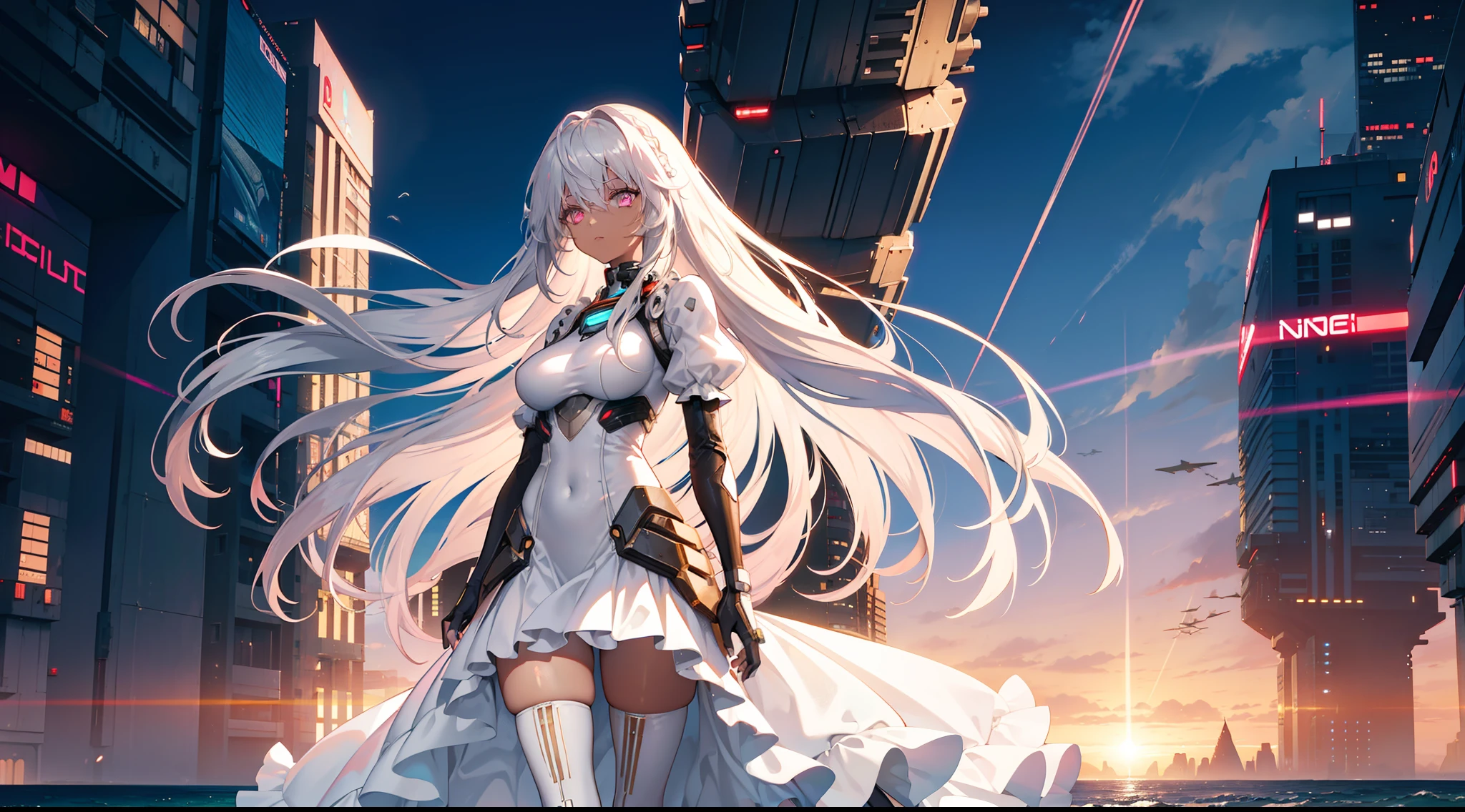 best quality , Cyberpunk ,futuristic clothing , Stunning woman ,(( brown skin )), very long hair , silver hair , light pink eyes , standing at the edge of the ocean, wearing a white dress with frills and puffy sleeves, light wind blowing , beach , dusk time