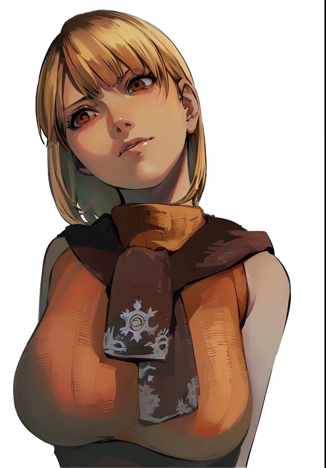 Anime girl with blonde hair wearing a brown top and a brown scarf, Parecendo Annie Leonhart, Aninha Leonhart, feito com anime painter studio, protagonista feminina 👀 :8, pintado em anime painter studio, Closeup da arte do personagem, from attack on titan, high quality colored sketch, final fantasy tactics character, fanart requintada altamente detalhada, v do diabo pode chorar como um elfo