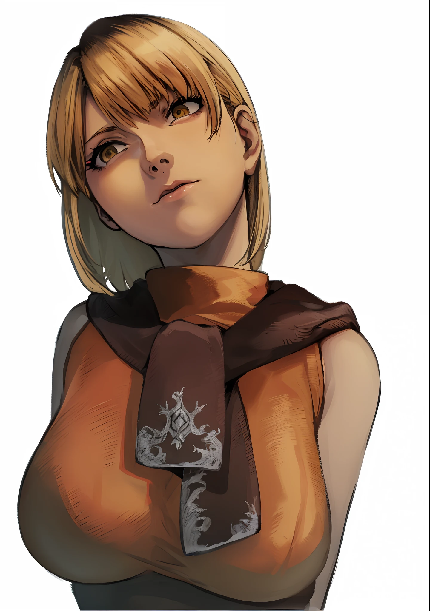 Anime girl with blonde hair wearing a brown top and a brown scarf, Parecendo Annie Leonhart, Aninha Leonhart, feito com anime painter studio, protagonista feminina 👀 :8, pintado em anime painter studio, Closeup da arte do personagem, from attack on titan, final fantasy tactics character, high quality colored sketch, fanart requintada altamente detalhada, v do diabo pode chorar como um elfo