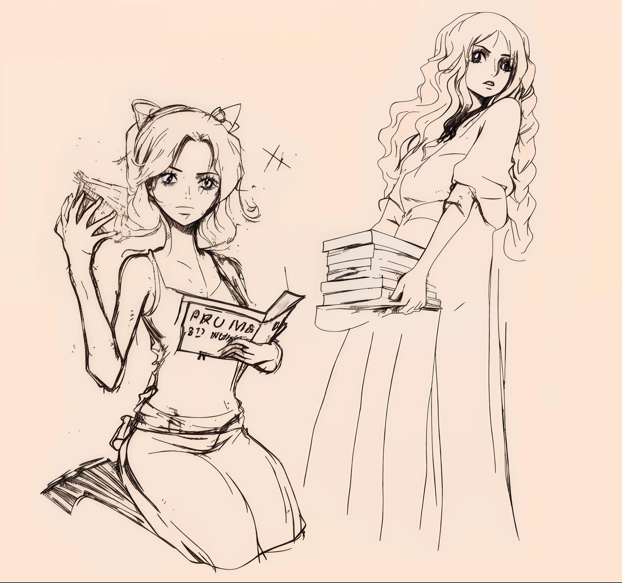 Sketches of two women, the one on the right on her knees holding an akuma no mi in her right hand and an open book in her left hand, and the other woman on the left is standing holding a stack of books with both hands. The hair of the girl on the left is pink, and the one on the right is red. Estilo anime com contornos pesados.
