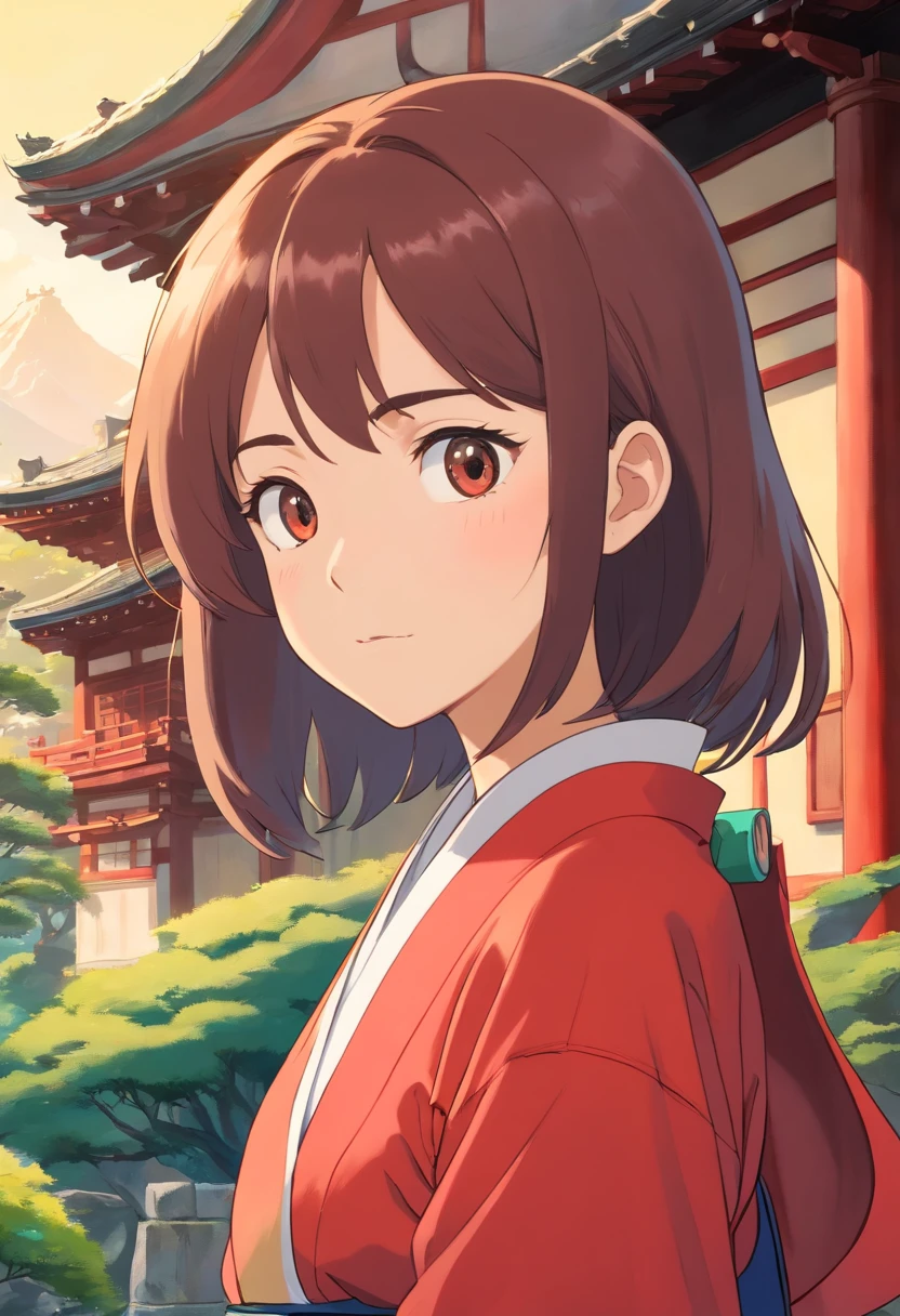 his left eye is glass. Asian girl, cabelos longos, Front view, corpo inteiro, Set against a backdrop of a Japanese temple, com arvores, rios, um dia de sol muito bonito. The girl will be wearing a red kimono, ela tem uma cicatriz no olho esquerdo.