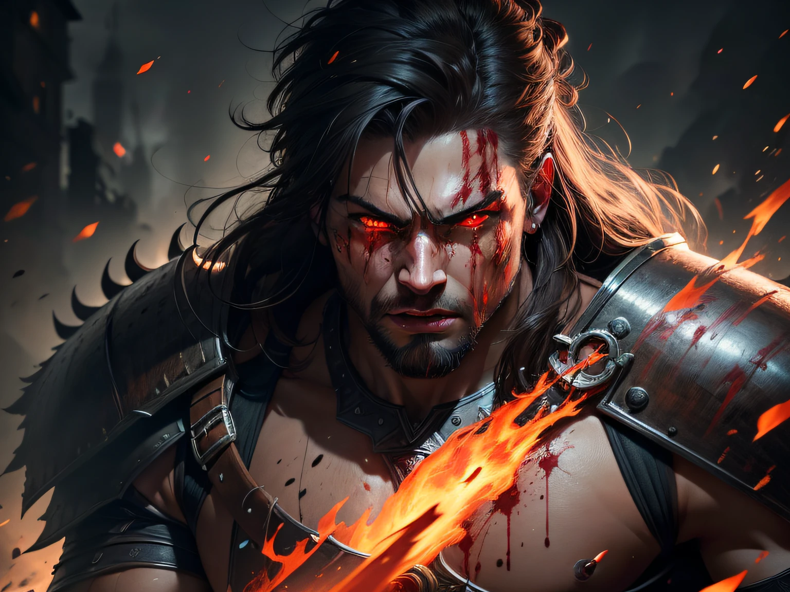 (best quality,4k,highres:1.2),photorealistic,portrait painting style,warrior,male, blood-stained, fierce fight, monsters, glowing red eyes, fantastic, detailed features, intense expression, dynamic pose, dark background, dramatic lighting