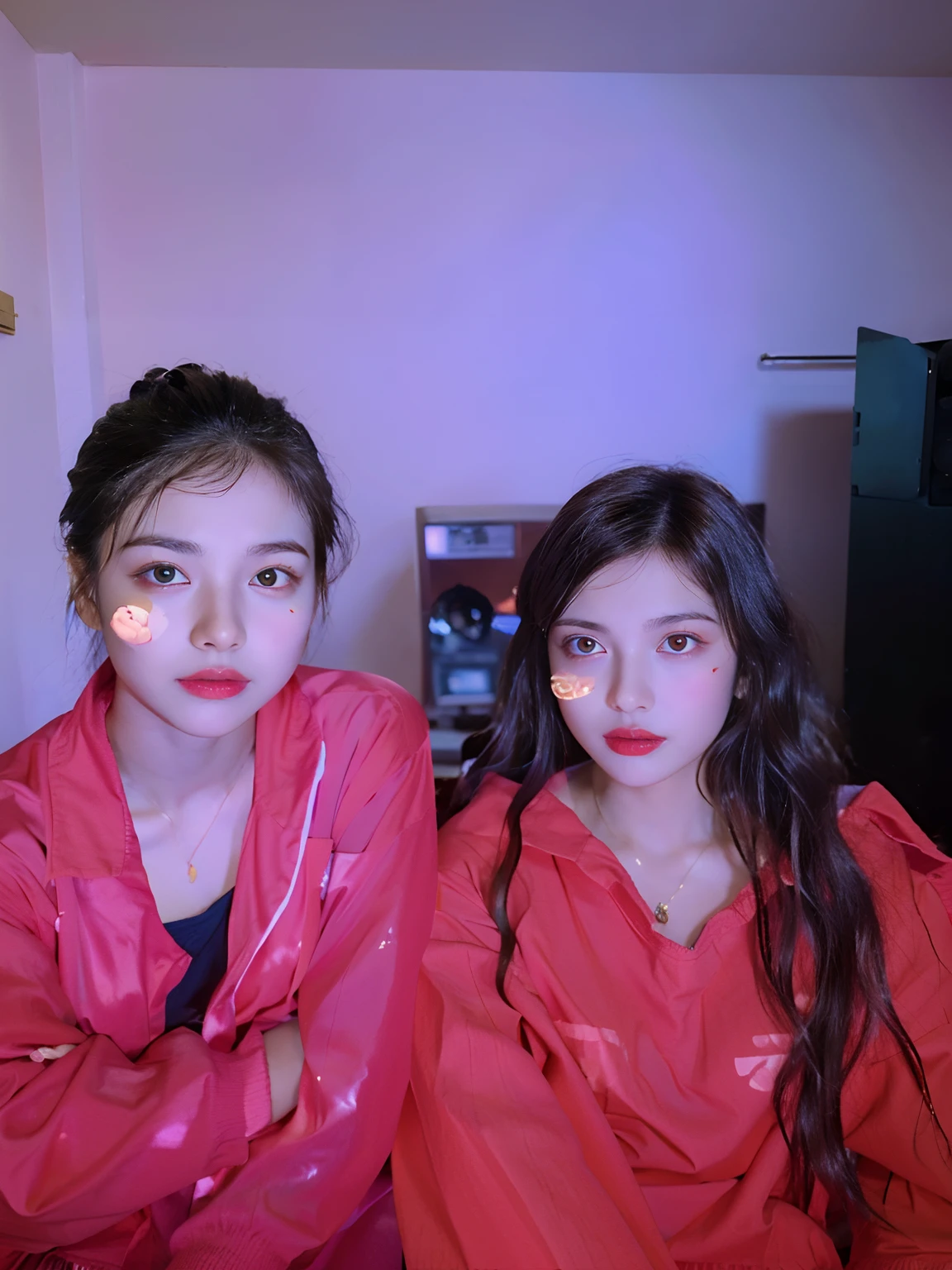 two women with fake gold eye patches on their faces, low quality photograph, two girls, two still figures facing camera, very very low quality picture, red lighting on their faces, in style of petra collins, with red haze, two women, blurry image, twins, made with photoshop, sisters, with a twin, petra collins, very poor quality of photography