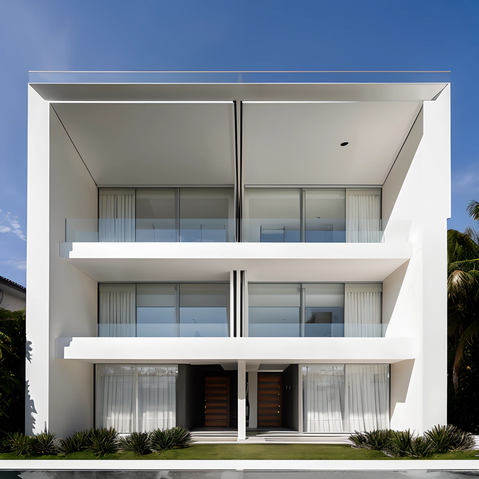 ((obra-prima, melhor qualidade)), 8k, estilo de arquitetura moderna, Foto realista, David Chipperfield, Fotografia Hiperdetalhada, single box, 3D digital rendering of a building, Descreva meticulosamente uma casa moderna de arquitetura minimalista, characterized by the presence of few strategically placed windows. Localizada em uma rua cercada por imponentes muros altos, The house is an example of architectural realism, with every detail – from the textures of building materials to the reflections of passing cars – being minutely represented