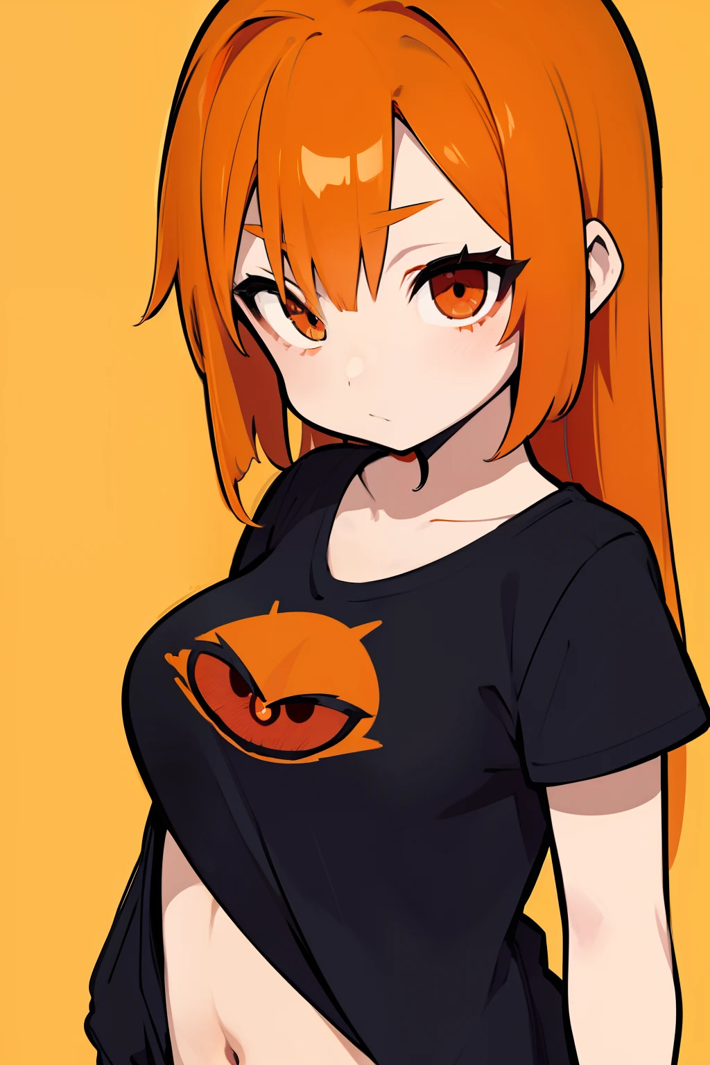 anime style, girl with orange hair, dark red eyes, thick brows, simple drawing