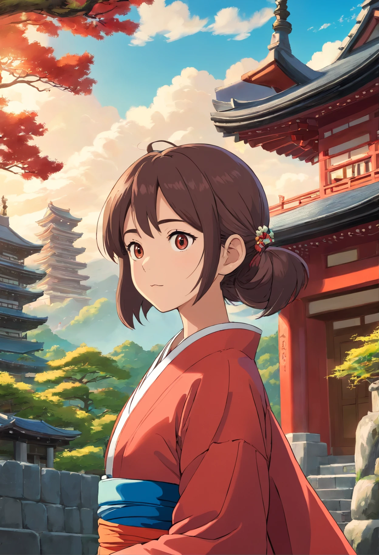 his left eye is glass. Asian girl, cabelos longos, Front view, corpo inteiro, Set against a backdrop of a Japanese temple, com arvores, rios, um dia de sol muito bonito. The girl will be wearing a red kimono, ela tem uma cicatriz no olho esquerdo.