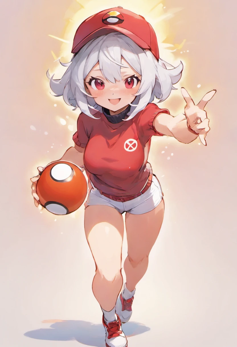Red Baseball Cap.White shorts with right hand sticking forward,Turtleneck knitwear,Red glasses,Hi-Res, 1womanl,Pose with your right arm stretched forward, 独奏,Holding a Poké Ball in Your Hands, grey eyes, white hair, Red glasses,Red Baseball Cap, Red knitted turtleneck with long sleeves, White shorts, a belt, stadio, deph of field, The best smile, Stick out the arm holding the poké ball, put hands on the hip,