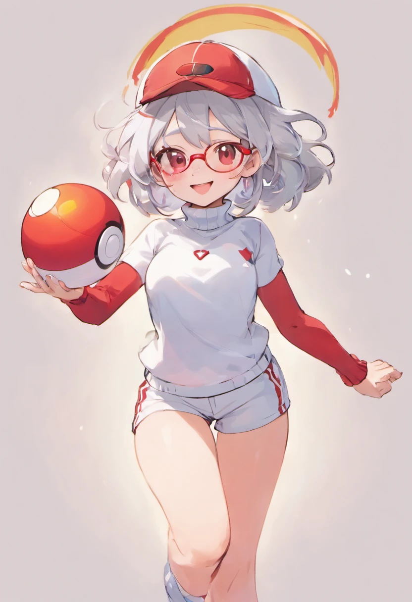 Red Baseball Cap.White shorts with right hand sticking forward,Turtleneck knitwear,Red glasses,Hi-Res, 1womanl,Pose with your right arm stretched forward, 独奏,Holding a Poké Ball in Your Hands, grey eyes, white hair, Red glasses,Red Baseball Cap, Red knitted turtleneck with long sleeves, White shorts, a belt, stadio, deph of field, The best smile, Stick out the arm holding the poké ball, put hands on the hip,