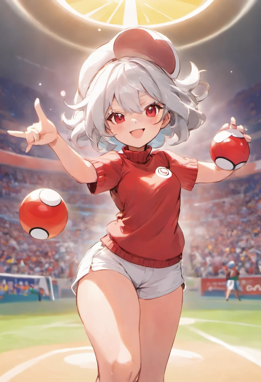 Red Baseball Cap.White shorts with right hand sticking forward,Turtleneck knitwear,Red glasses,Hi-Res, 1womanl,Pose with your right arm stretched forward, 独奏,Holding a Poké Ball in Your Hands, grey eyes, white hair, Red glasses,Red Baseball Cap, Red knitted turtleneck with long sleeves, White shorts, a belt, stadio, deph of field, The best smile, Stick out the arm holding the poké ball, put hands on the hip,