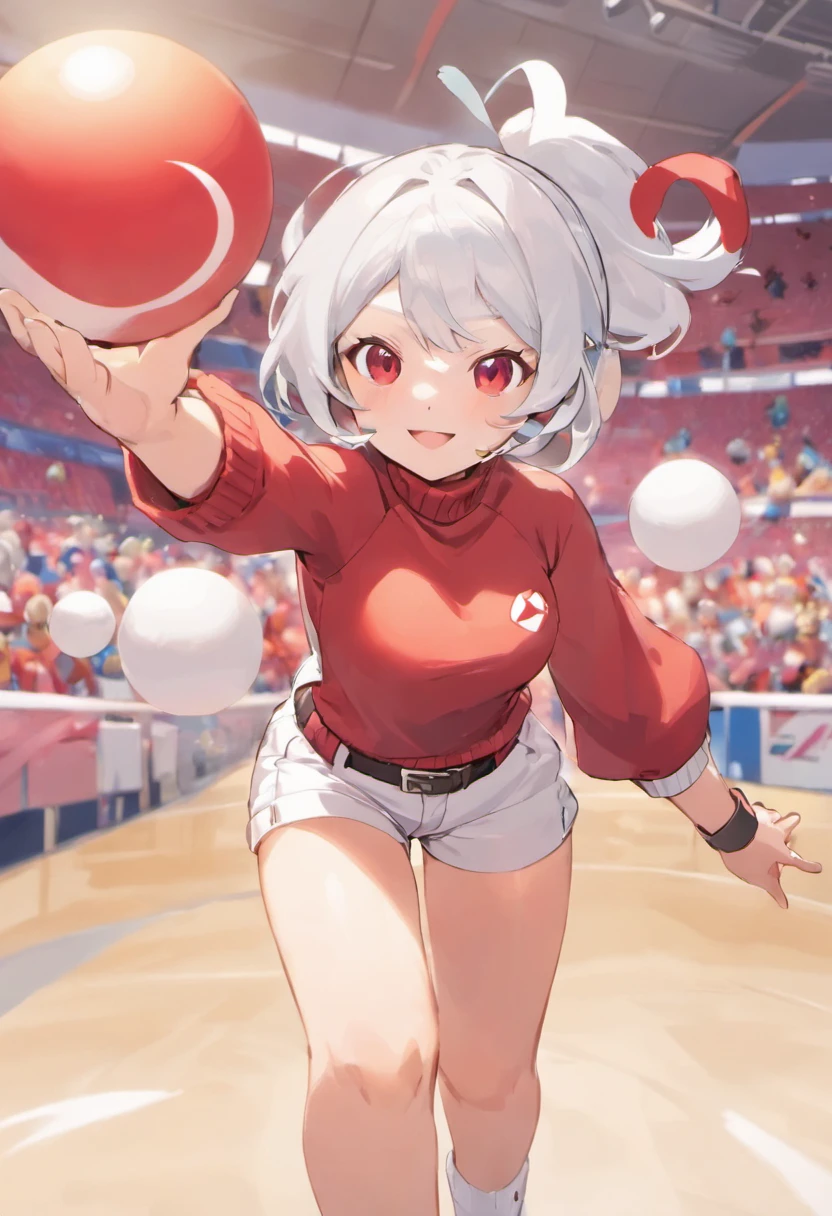 Red Baseball Cap.White shorts with right hand sticking forward,Turtleneck knitwear,Red glasses,Hi-Res, 1womanl,Pose with your right arm stretched forward, 独奏,Holding a Poké Ball in Your Hands, grey eyes, white hair, Red glasses,Red Baseball Cap, Red knitted turtleneck with long sleeves, White shorts, a belt, stadio, deph of field, The best smile, Stick out the arm holding the poké ball, put hands on the hip,
