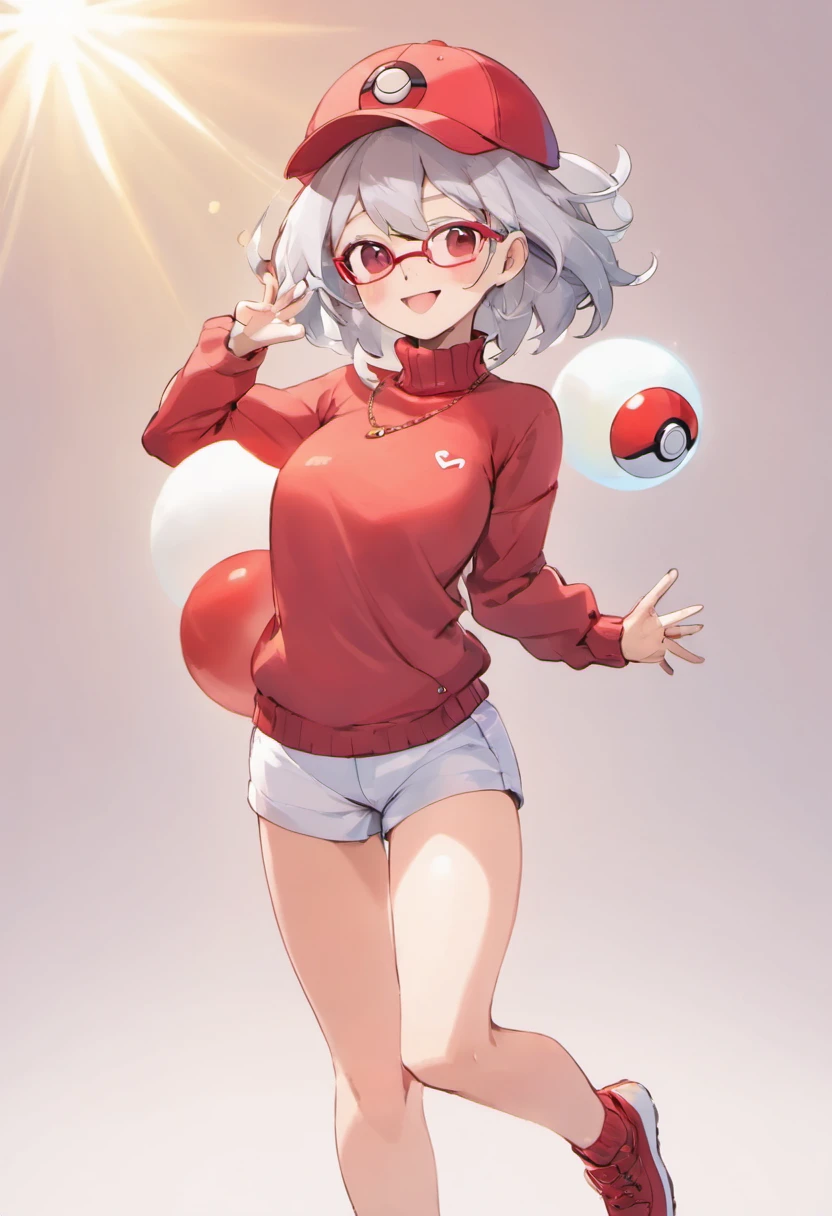 Baseball Cap,Red Baseball Cap.White shorts with right hand sticking forward,Turtleneck knitwear,Red glasses,Hi-Res, 1womanl,Pose with your right arm stretched forward, 独奏,Holding a Poké Ball in Your Hands, grey  eyes, white  hair, Red glasses,Red Baseball Cap, Red knitted turtleneck with long sleeves, White shorts, a belt, stadio, deph of field, The best smile, Stick out the arm holding the poké ball, put hands on the hip,