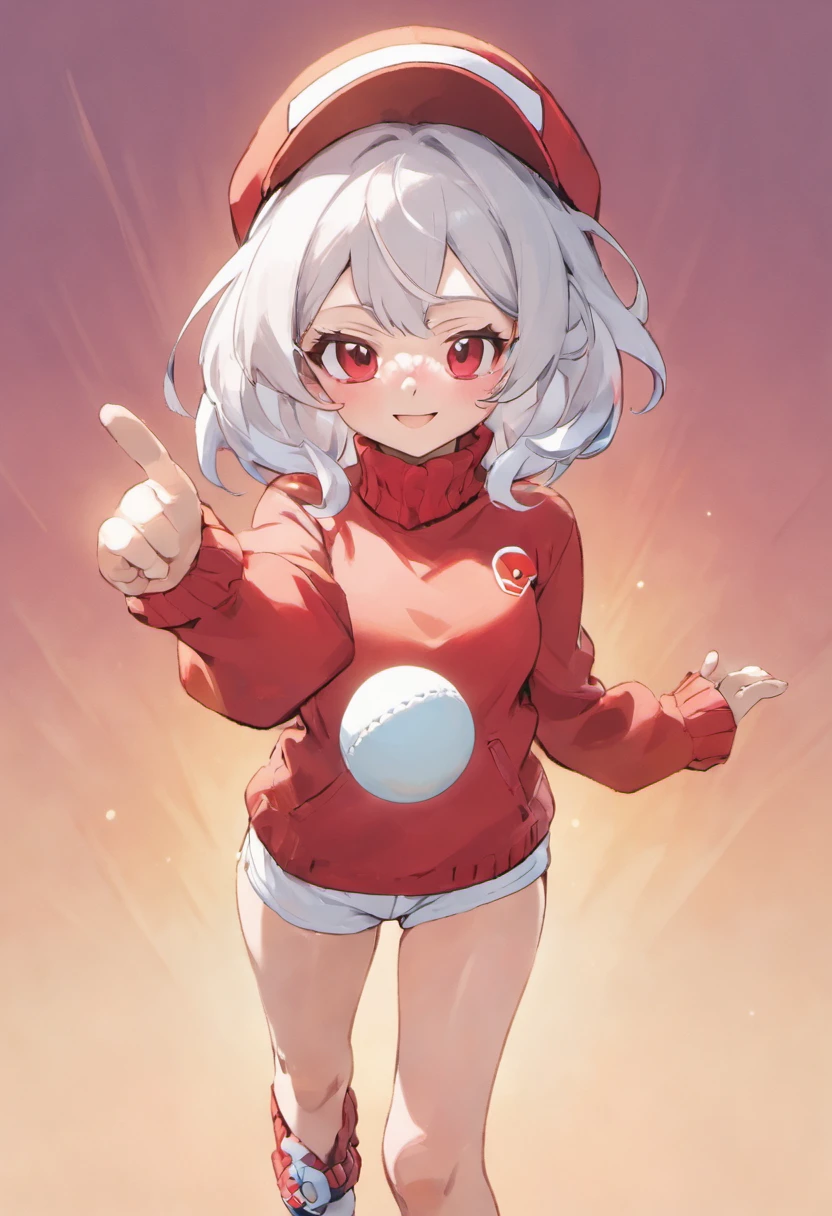 One girl、Bring your arms forward、Hand Par、Close-up of the subject's upper body、Composition of the subject seen from the front、Long Sleeve Red Turtleneck Knit、White shorts、Red Cap Hat、Gray ponytail、Pose with one arm thrust forward、