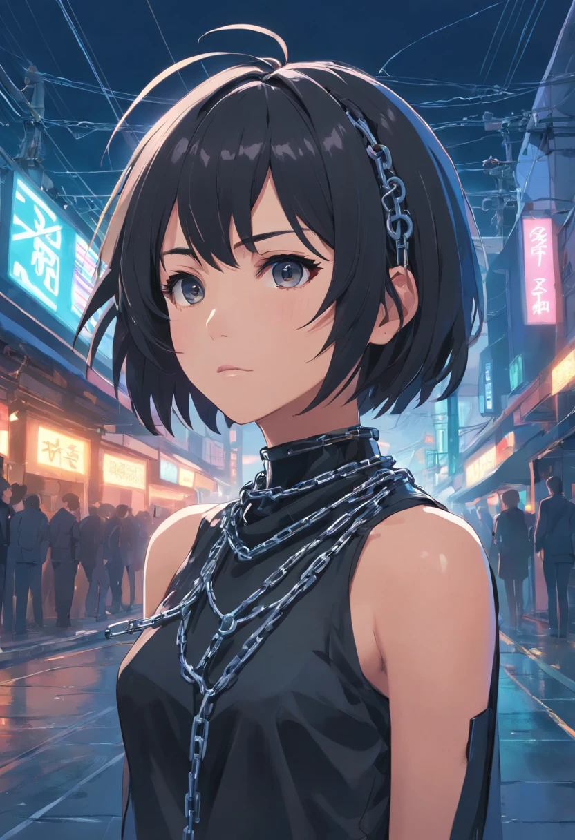 (a)girl dressed in black,cybergothic,short hair with straight bangs,chains passing through folds on body and neck,(best quality,highres),(realistic),(vivid colors,contrast),barbed wire next to the body