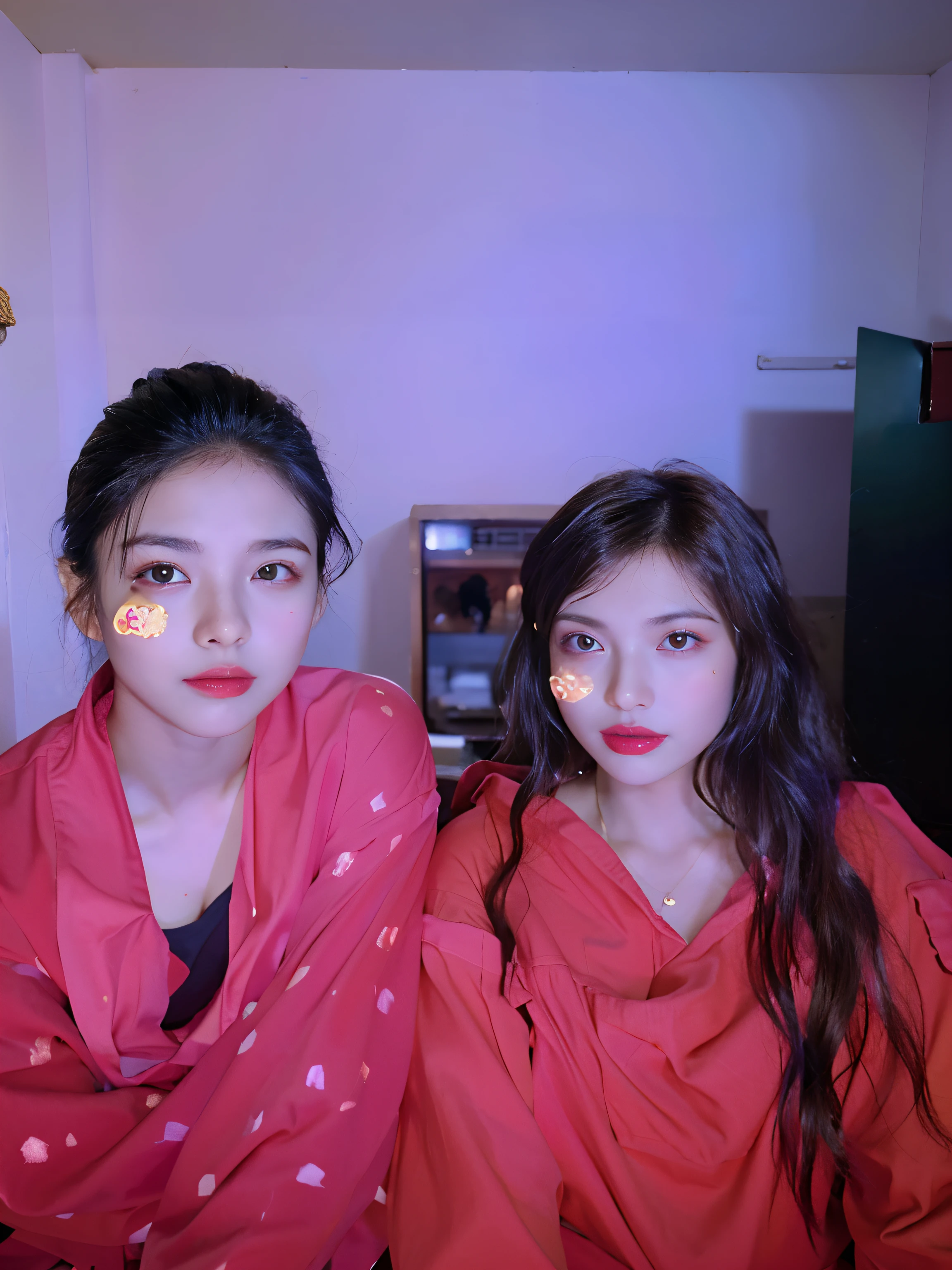 two women with fake gold eye patches on their faces, low quality photograph, two girls, two still figures facing camera, very very low quality picture, red lighting on their faces, in style of petra collins, with red haze, two women, blurry image, twins, made with photoshop, sisters, with a twin, petra collins, very poor quality of photography