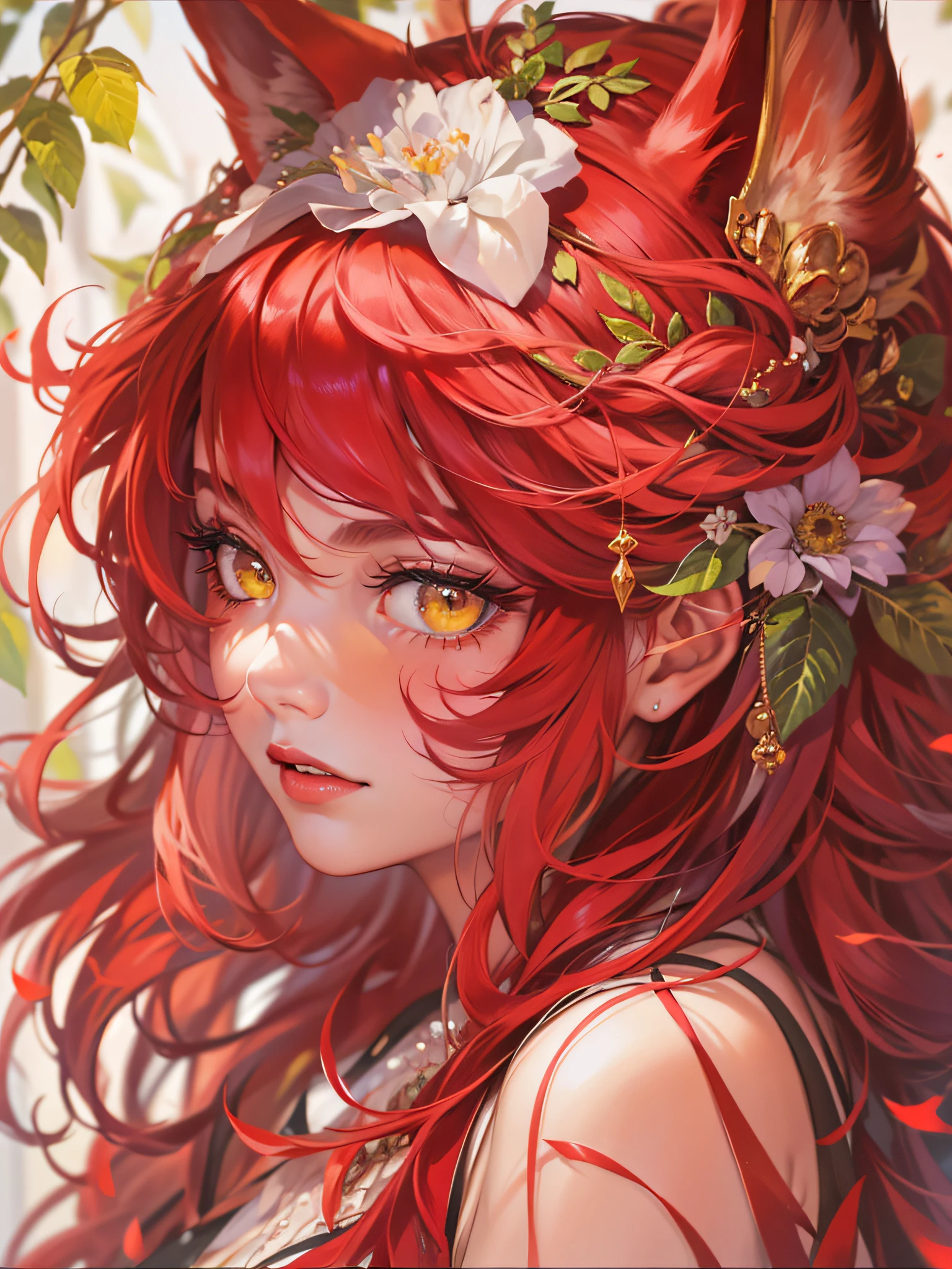 Beautiful scarlet wolf girl, Arnouveau style, fondness, scarlet Wolf ears, red hair is long, sunlight rays, airiness, grace, Floral ornament, хмурая, angry, chiffon, Silk, Correct eye proportions, Expressive yellow eyes, long eyelashes, plump wet lips, Texture skins for the face, A lot of air, higly detailed, Doubleexposure, 30 thousand..., hyper realisitc, Hi-Def, soft-lighting