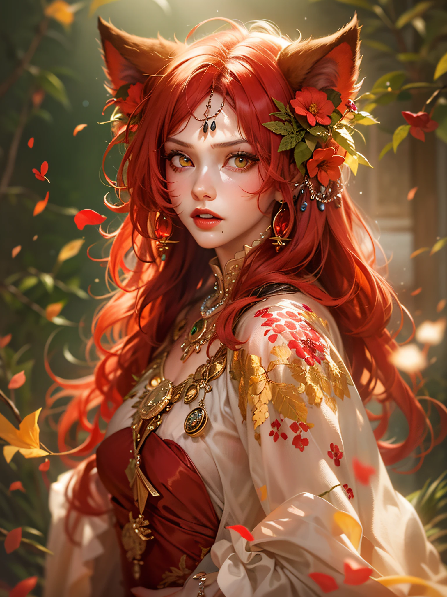 Beautiful scarlet wolf girl, Arnouveau style, fondness, scarlet Wolf ears, red hair is long, sunlight rays, airiness, grace, Floral ornament, хмурая, angry, chiffon, Silk, Correct eye proportions, Expressive yellow eyes, long eyelashes, plump wet lips, Texture skins for the face, A lot of air, higly detailed, Doubleexposure, 30 thousand..., hyper realisitc, Hi-Def, soft-lighting