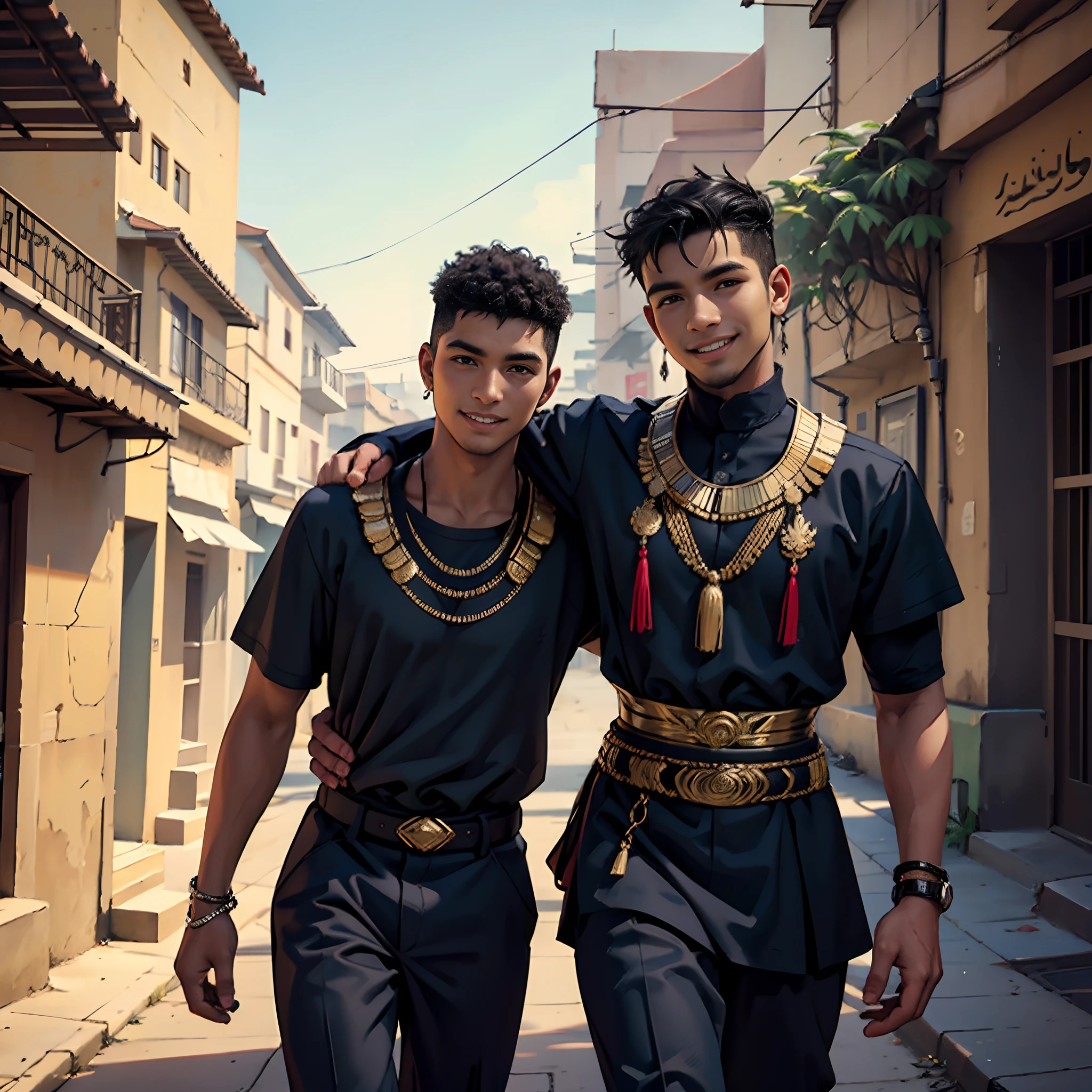 o tipico del antiguo egipto, caminando, sonriendo  por las calles de una moderna ciudad un amigo cernaco se acerca por atras y lo abraza