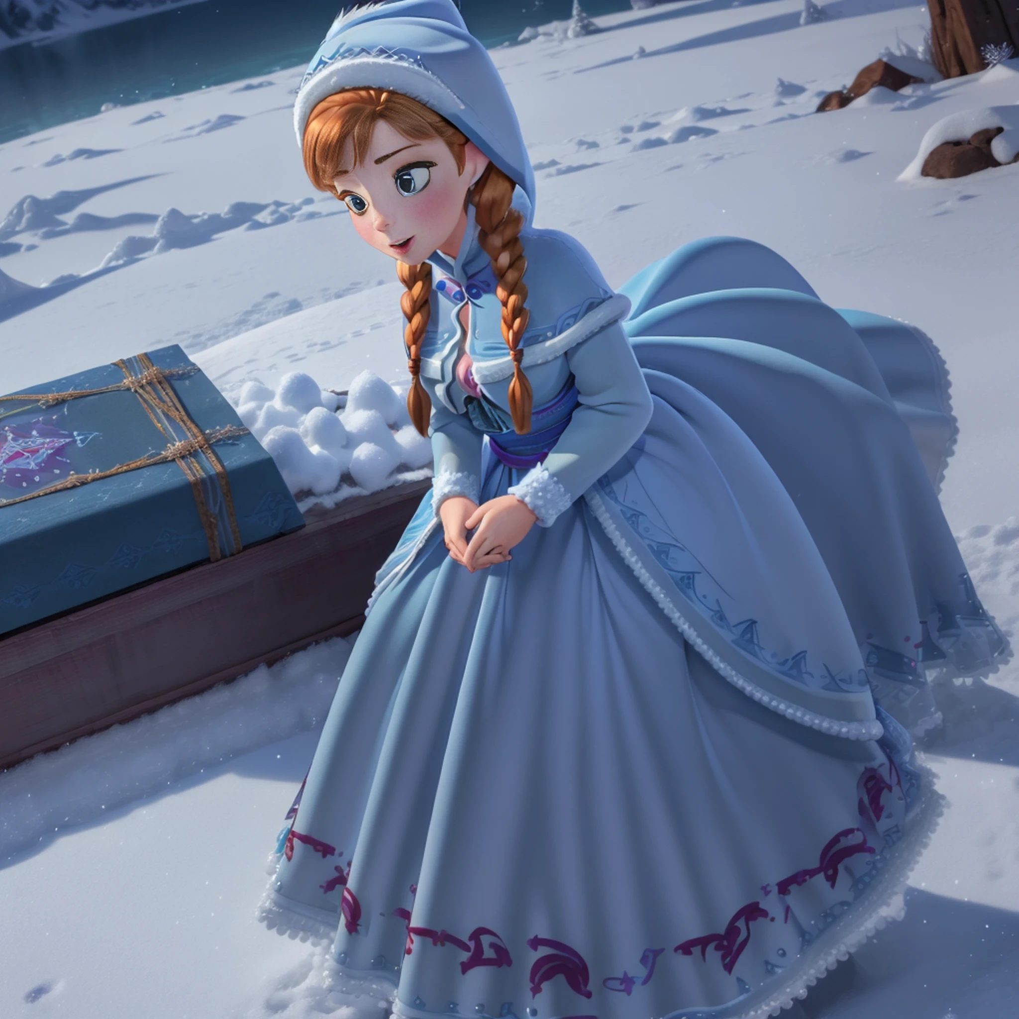 (obra-prima:1.4), (melhor qualidade:1.4), (alta resolução:1.4), Anna de Arendelle, vestido de Natal azul, blue cap, twin braids, ao ar livre, inverno, neve,