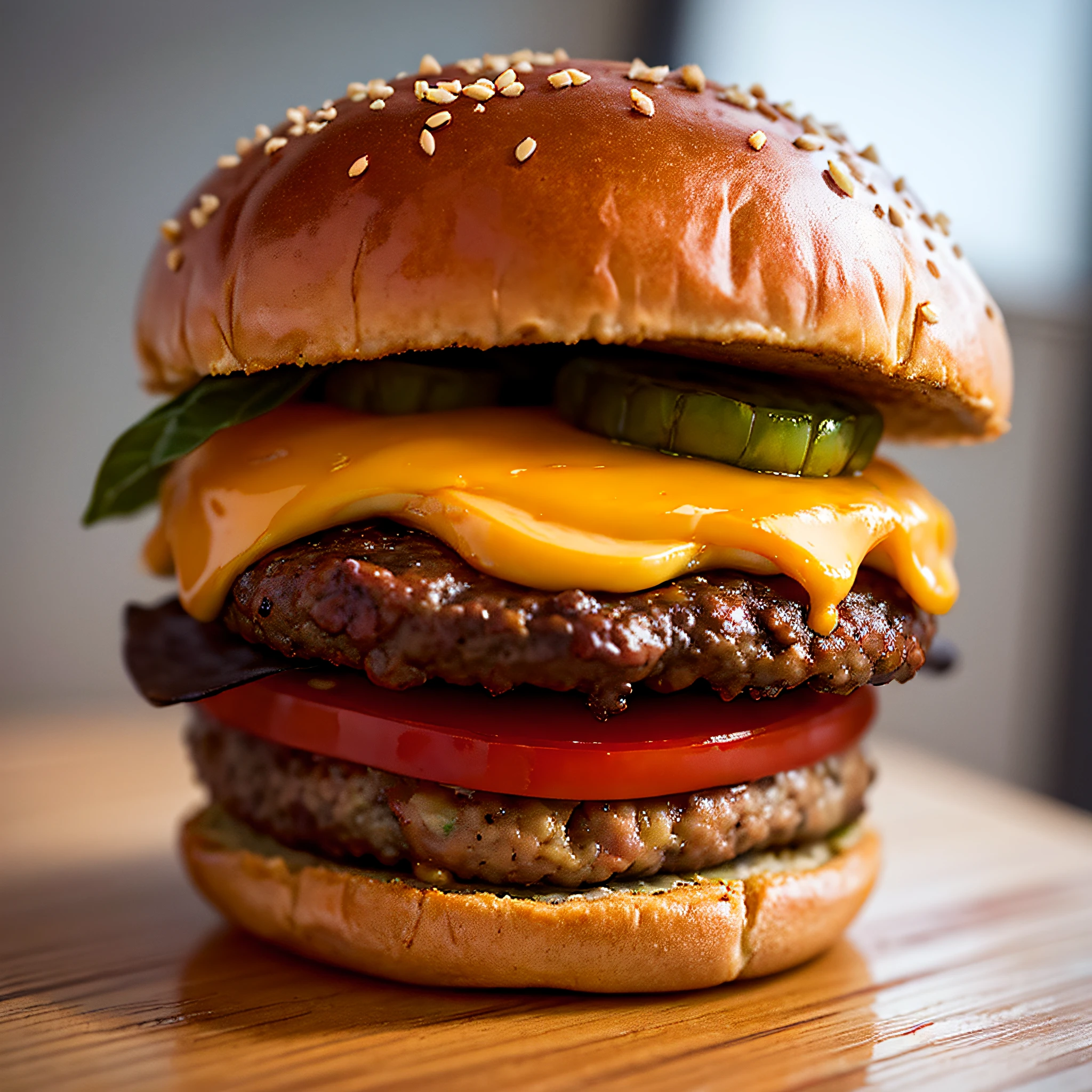 A burger falling into juicy pieces, saboroso, hot, foto promocional, detalhes intrincados, HDR, cinemactic, Adobe Lightroom, altamente detalhado, (fofo, Chibi)