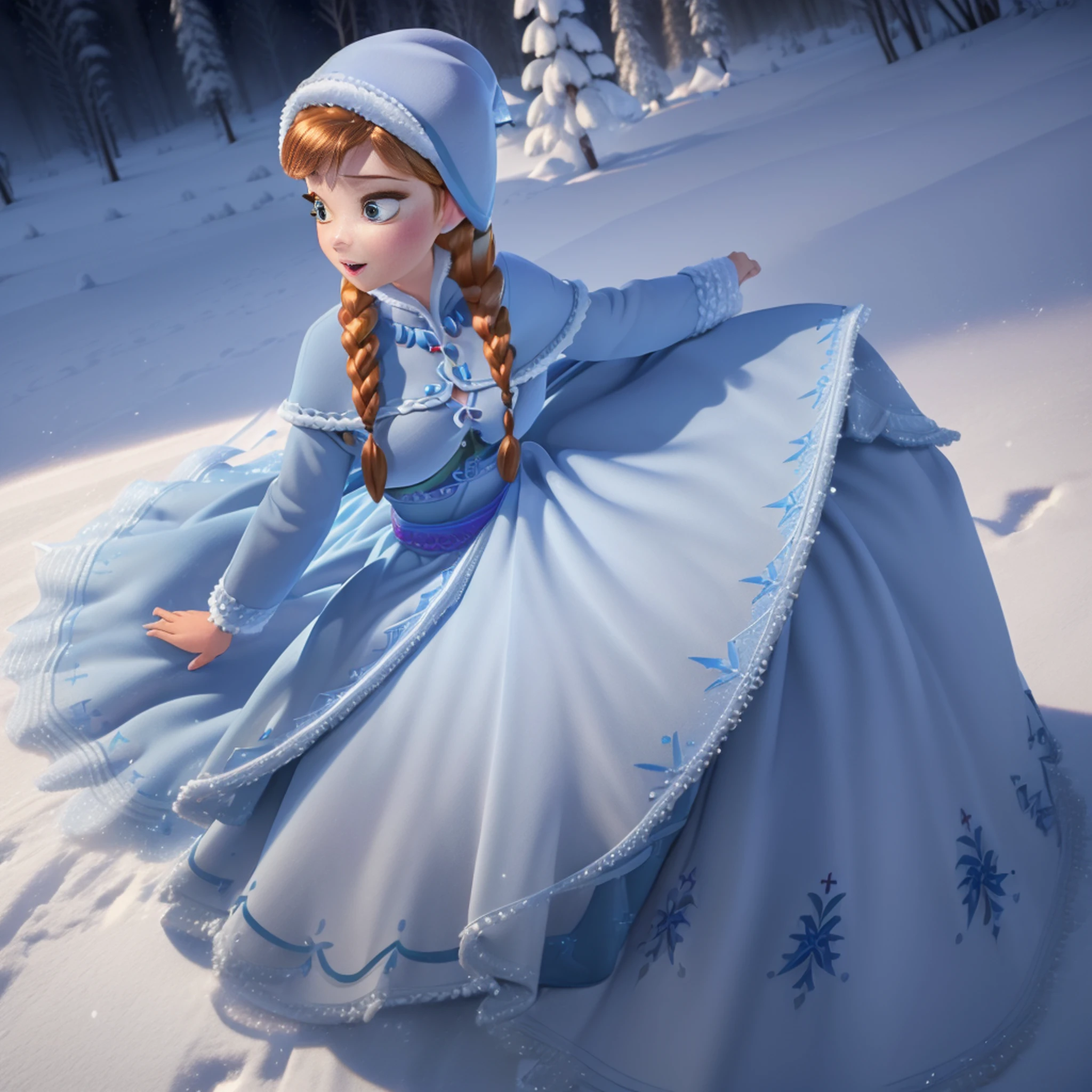 (obra-prima:1.4), (melhor qualidade:1.4), (alta resolução:1.4), Anna de Arendelle, vestido de Natal azul, blue cap, twin braids, ao ar livre, inverno, neve,