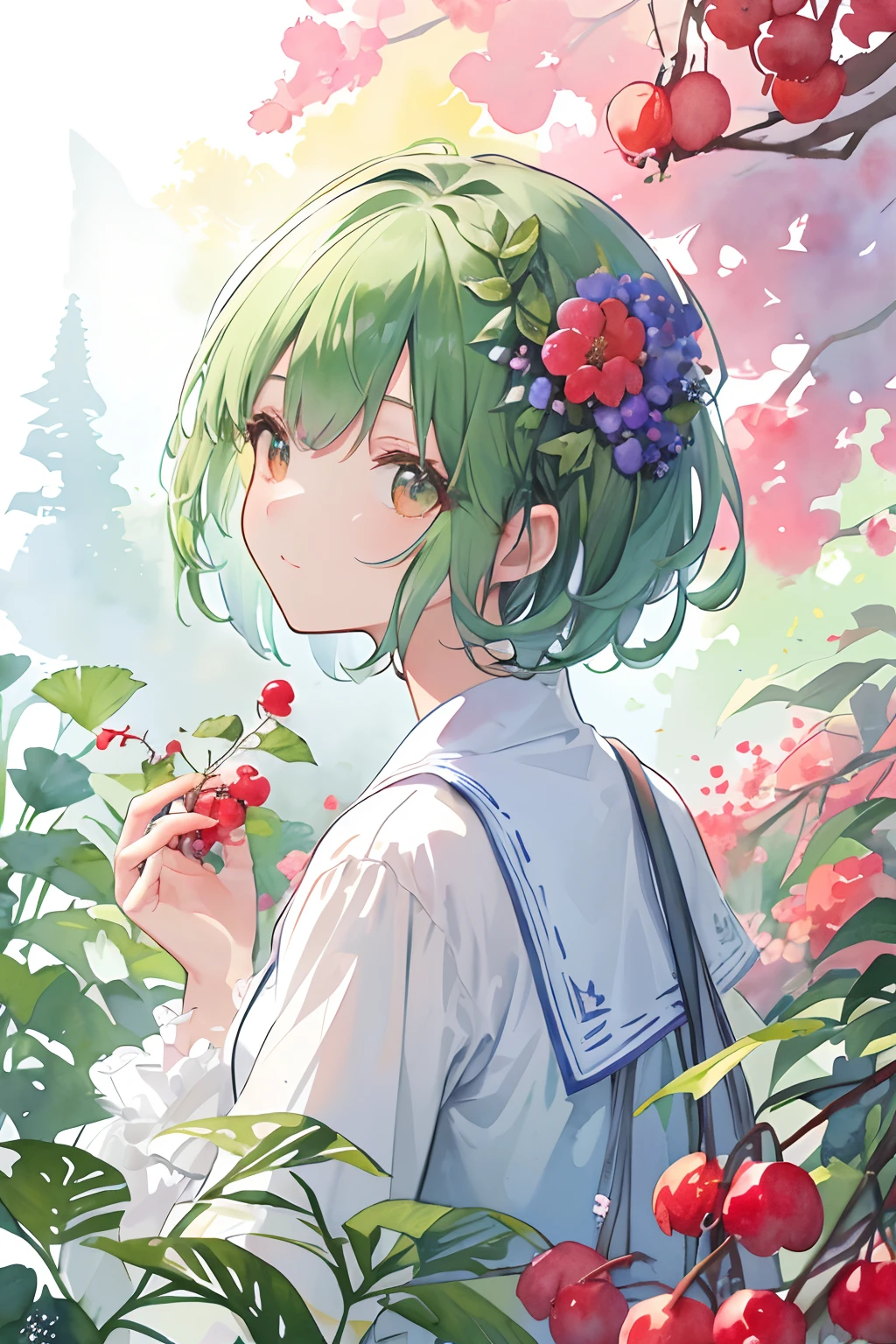 ((super detailed), #3b4195背景, beautiful flowers, berries, ferns, leaves, watercolor pattern of calming colors), (watercolor texture), ((1 girl), short hair, cute,