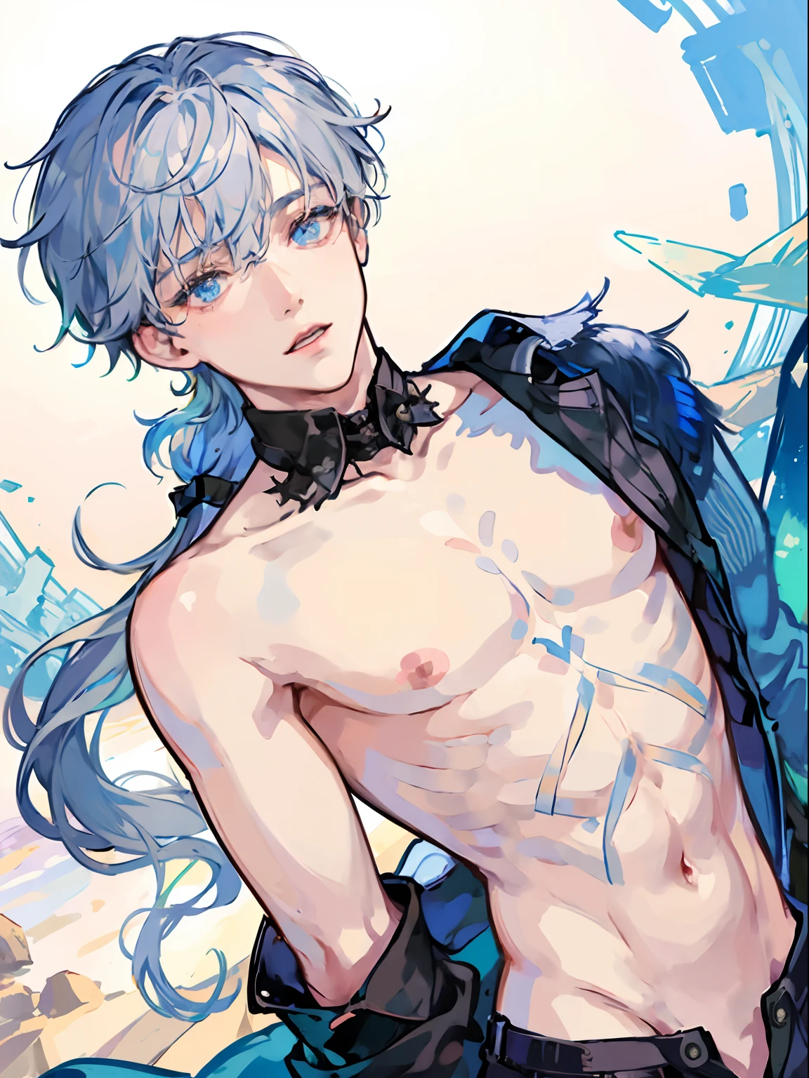 1boy,10 talents、(Man's :2) ,Handsome boy,Long silver hair、shackles,tattooed、barechested、cum,starrysky 、sand beach、Back lighting、the chaos、fantastic landscape、absurderes、hightquality、masutepiece,8K,NSFW,