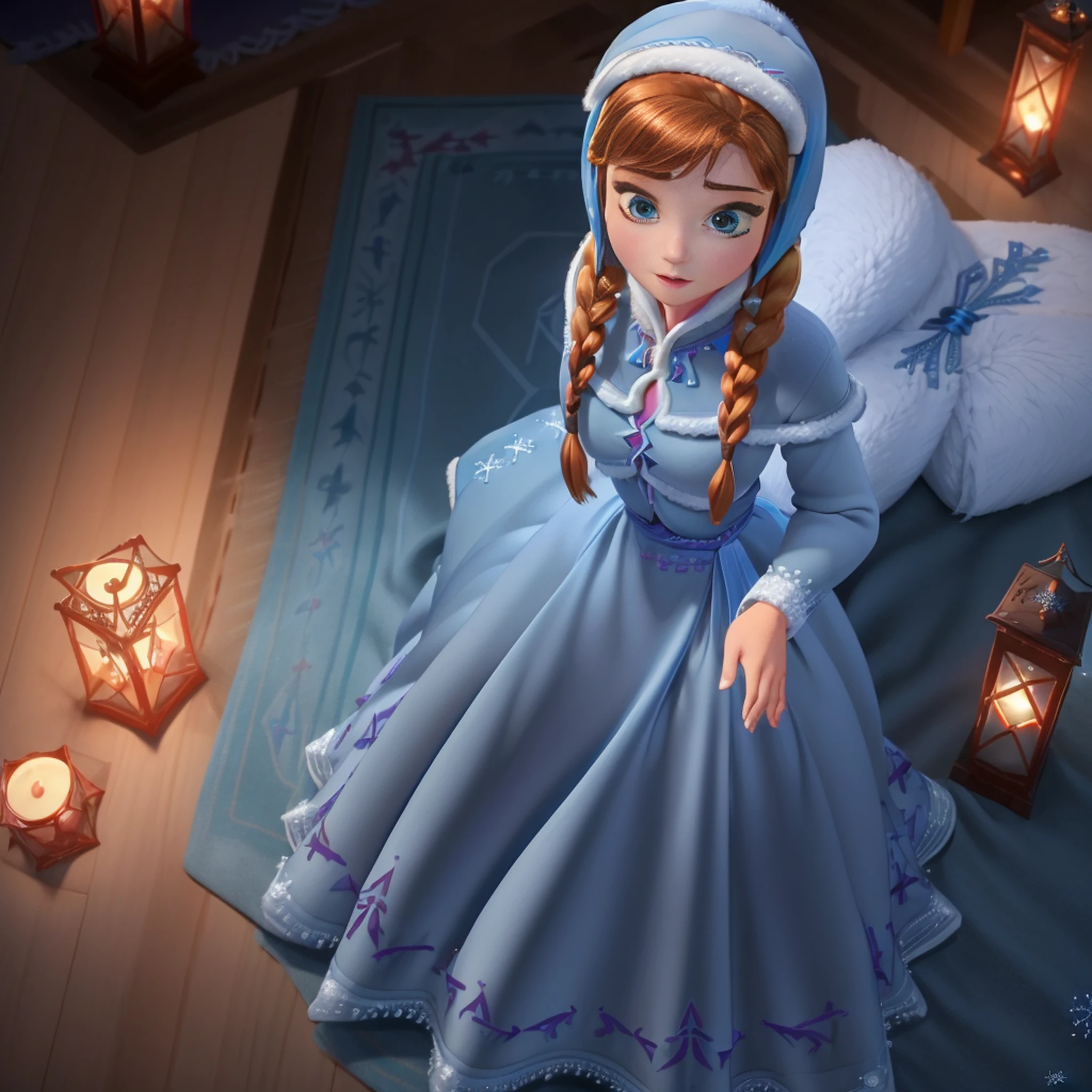 (obra-prima:1.4), (melhor qualidade:1.4), (alta resolução:1.4), Anna de Arendelle, vestido de Natal azul, blue cap, twin braids, ao ar livre, inverno, neve,