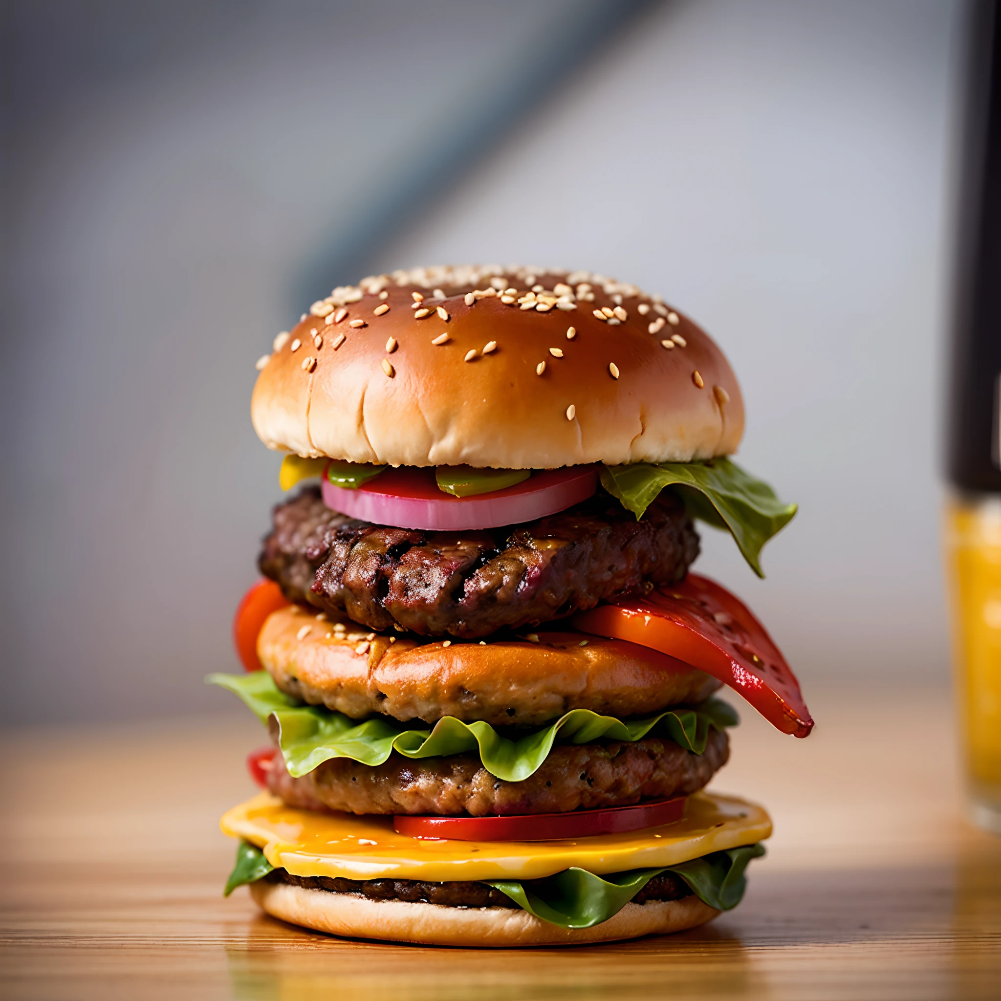 A burger falling into juicy pieces, saboroso, hot, foto promocional, detalhes intrincados, HDR, cinemactic, Adobe Lightroom, altamente detalhado, (fofo, Chibi)