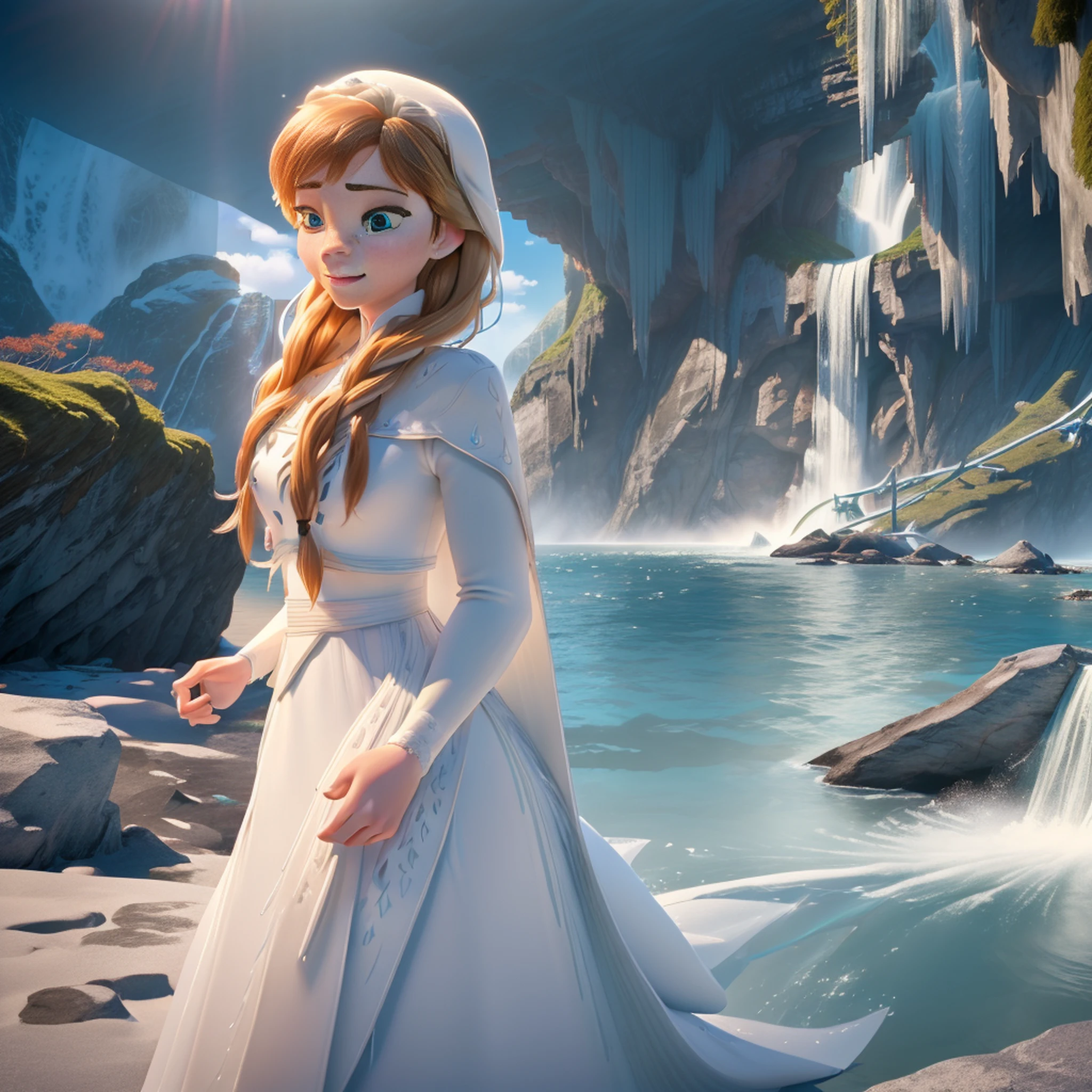 (masterpiece:1.4), (best qualit:1.4), (high resolution:1.4), elsa of arendelle, long hair, white cape, white dress, outdoors, (ocean, shore, waterfall,  authumn:1.3), smile,